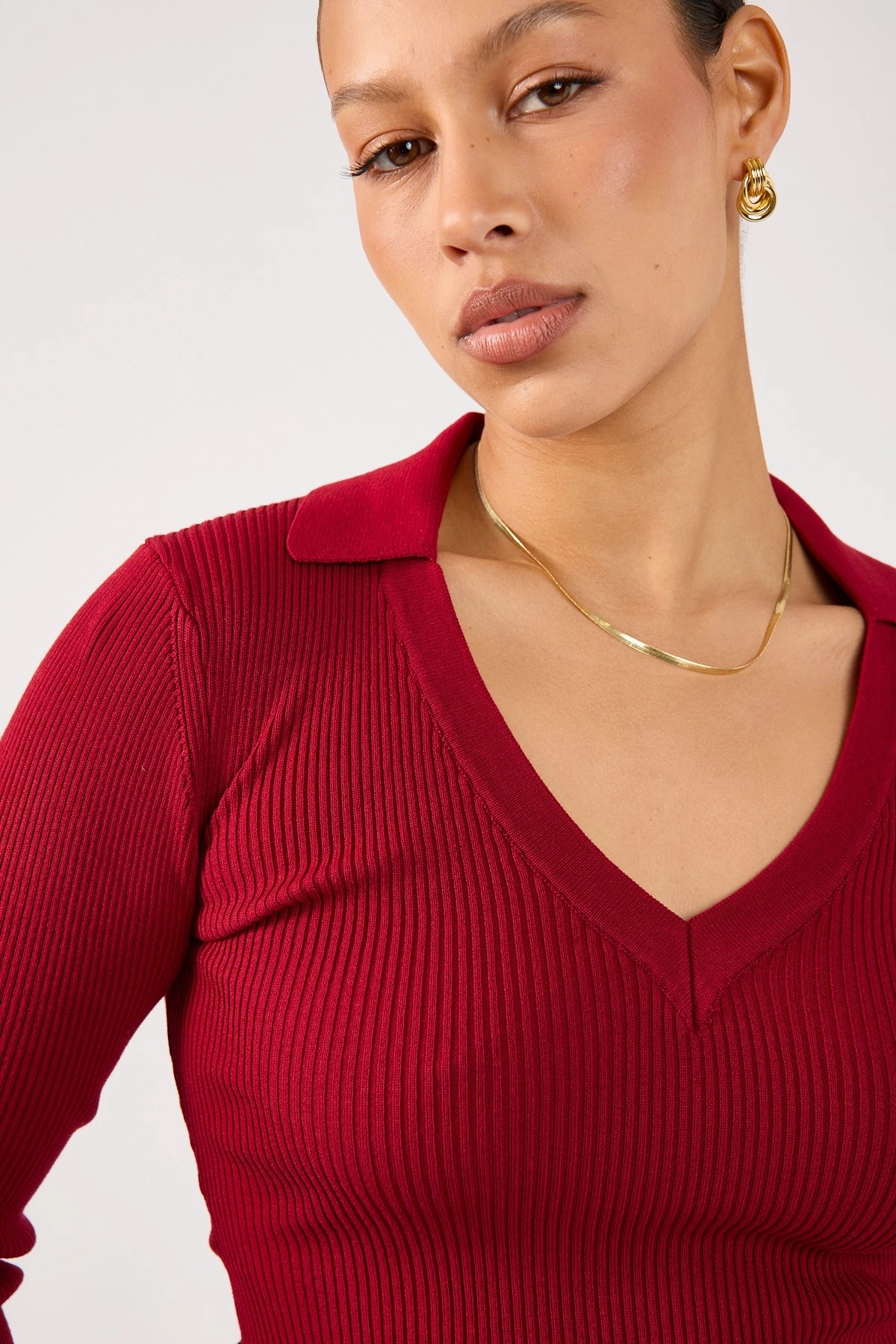 Perfect Stranger Fiorelle Knitted Long Sleeve Polo Burgundy Piped Hand washable
