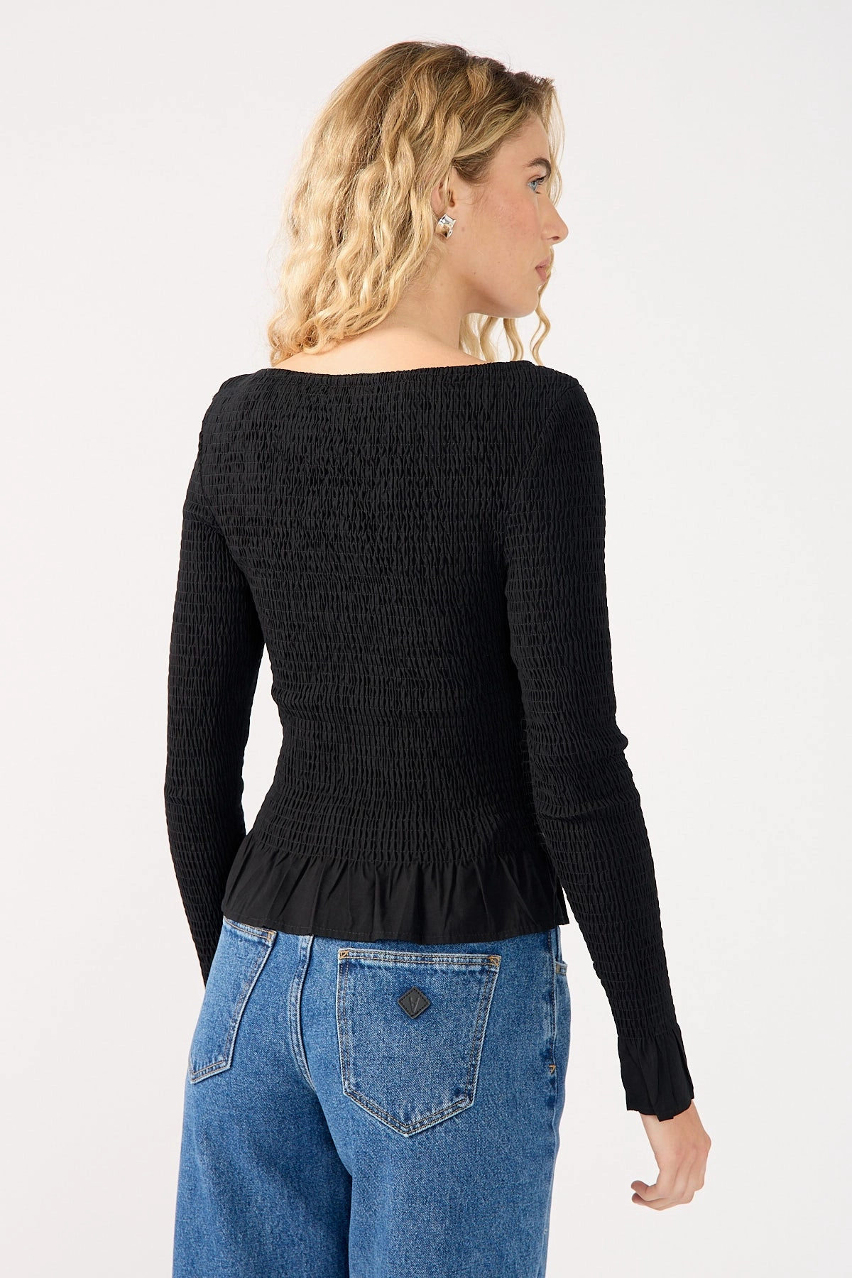 Perfect Stranger High Neck Shirred Long Sleeve Top Black sunglasses