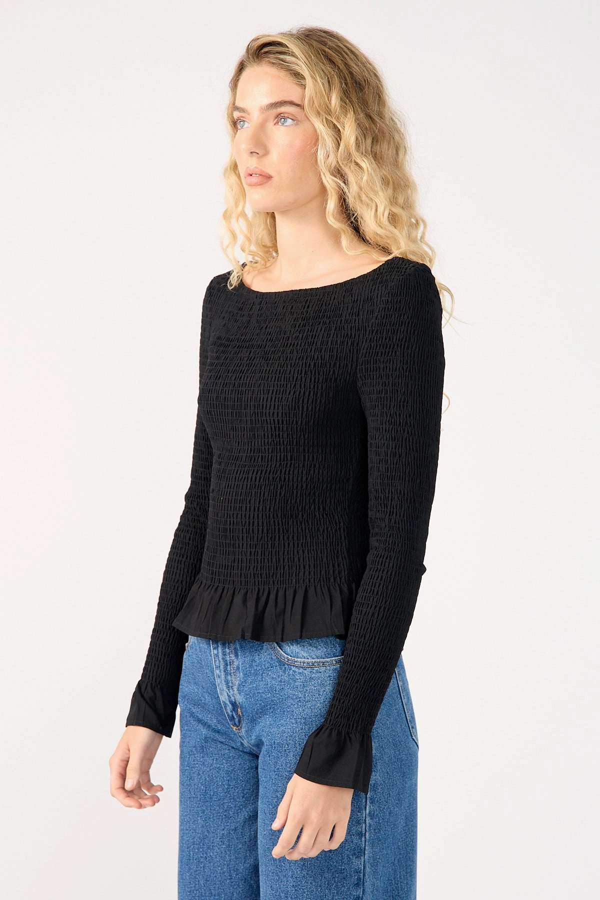 Perfect Stranger High Neck Shirred Long Sleeve Top Black Modest Low Maintenance Fabric