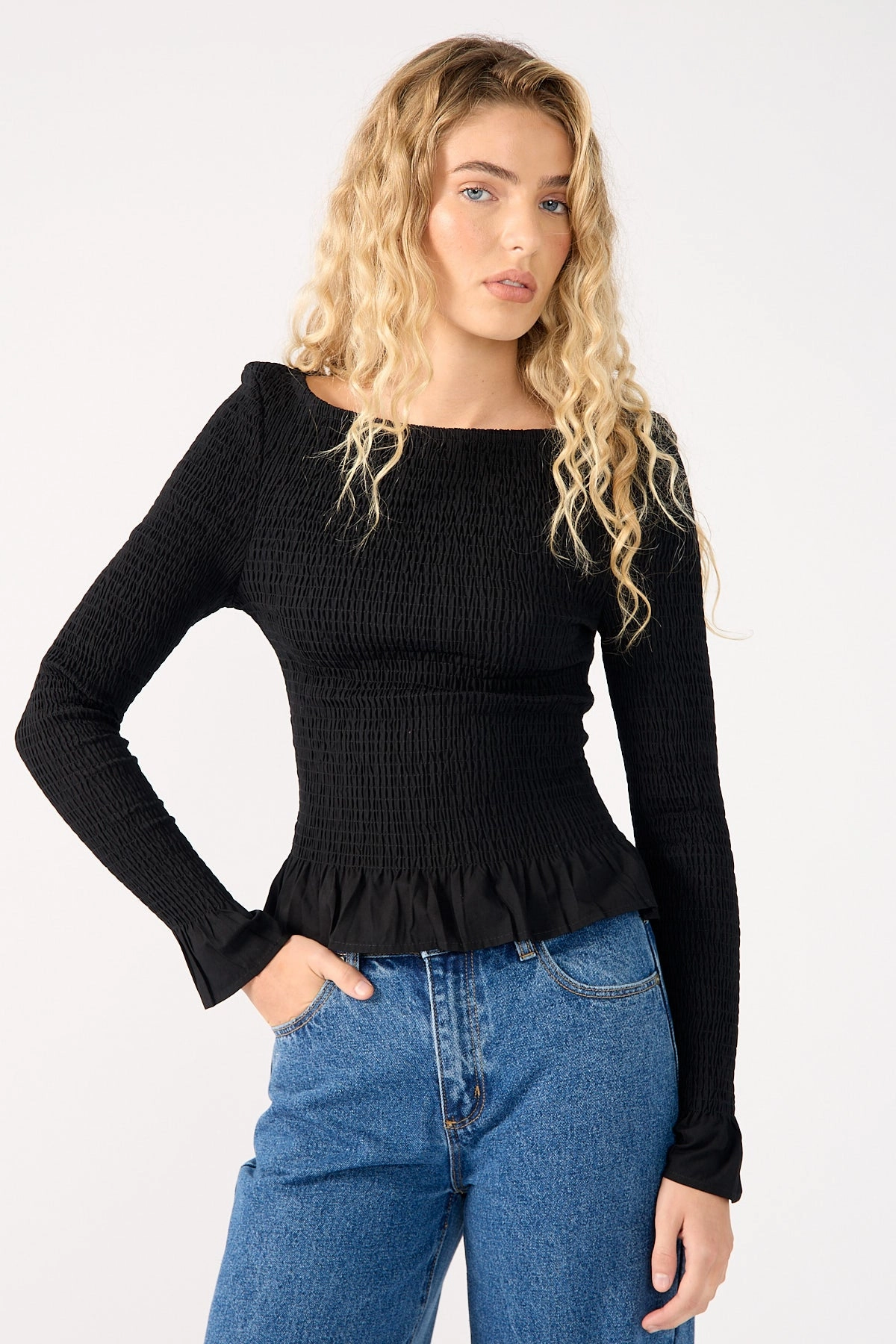 Tablecloth Inland area Perfect Stranger High Neck Shirred Long Sleeve Top Black