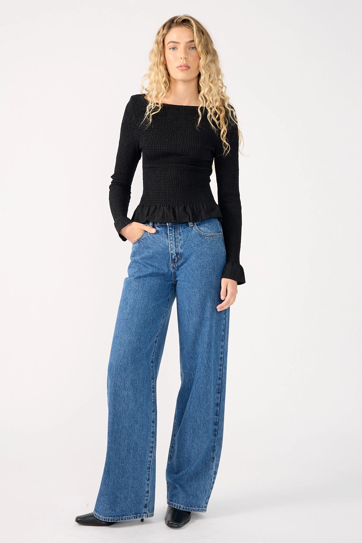 hospital Perfect Stranger High Neck Shirred Long Sleeve Top Black