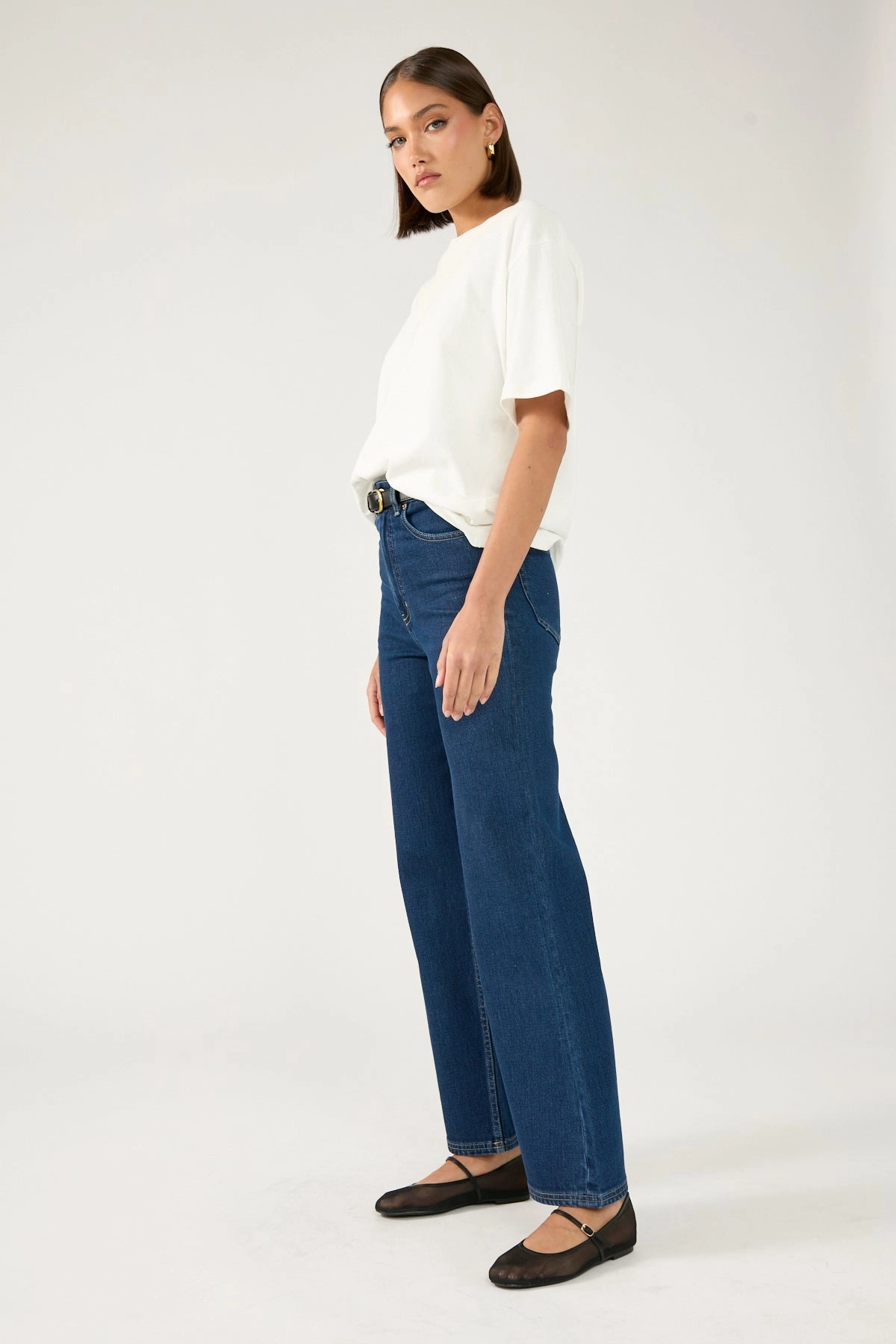 Perfect Stranger High Rise Wide Leg Jean Dark Blue Denim Bootcut style elastic waistband