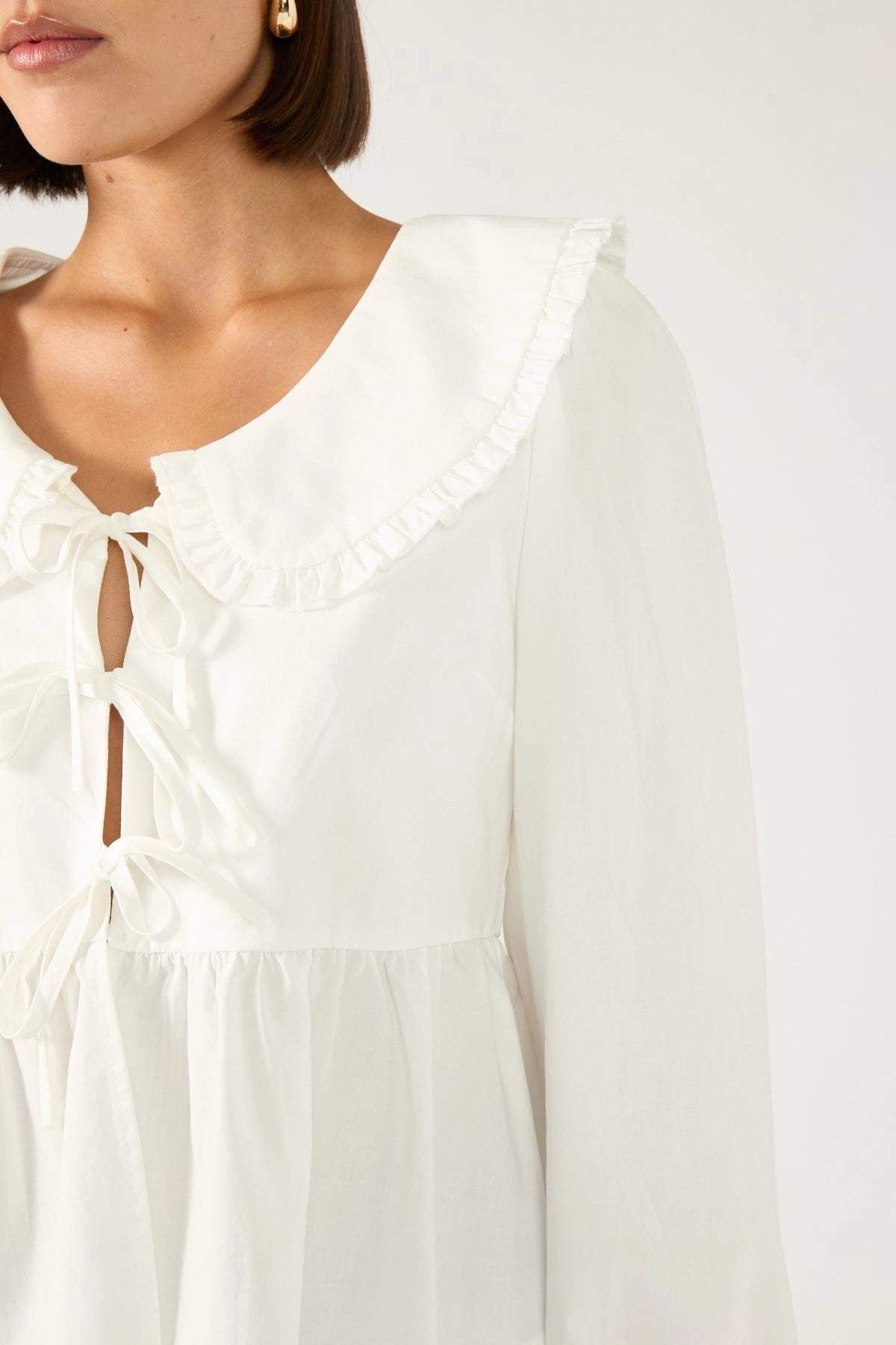 Perfect Stranger Ingrid Long Sleeve Collared Blouse White Tight Podcast