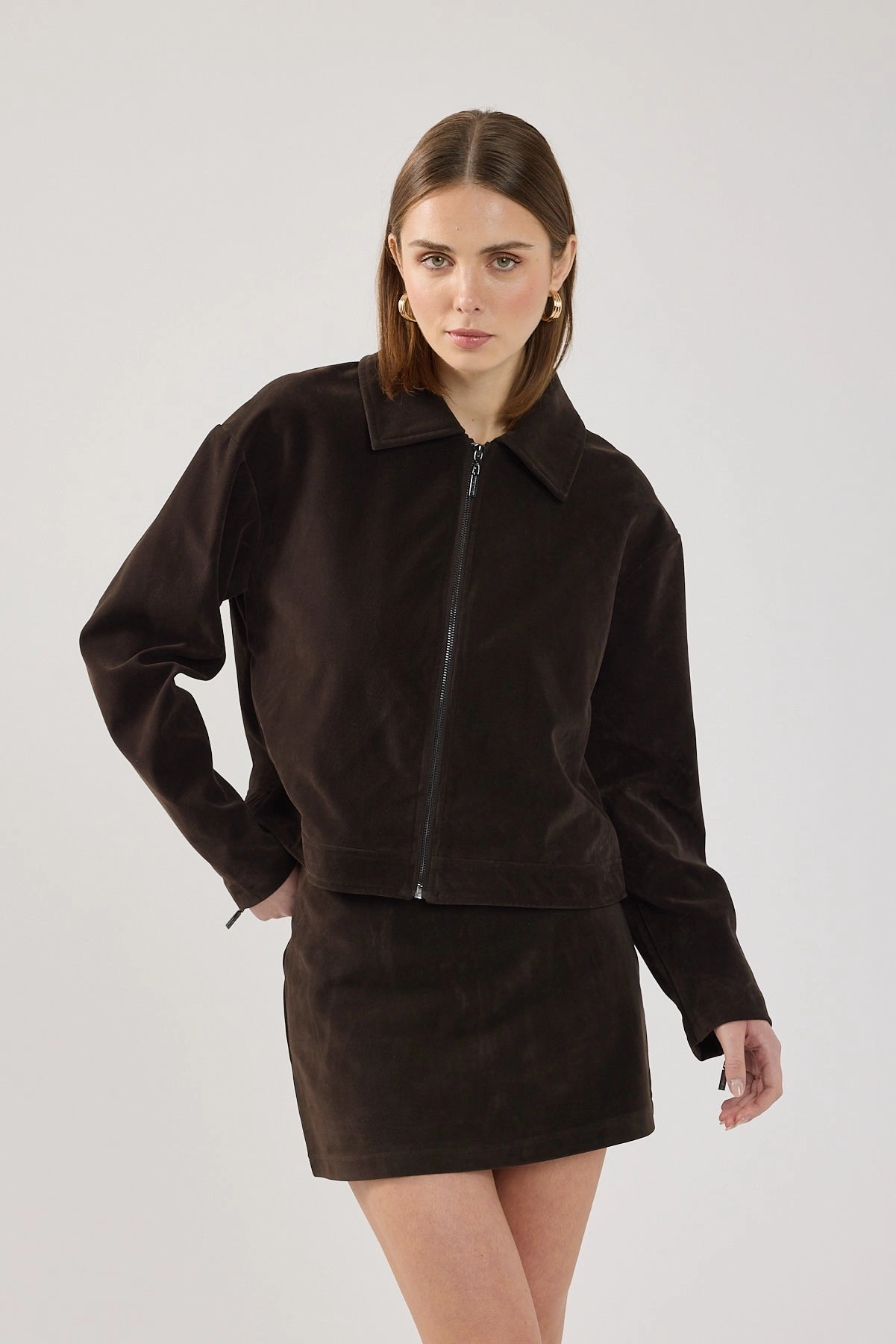 Temperature Regulating Membrane Durable Corrosion Resistant Zippers Perfect Stranger Kandice PU Suede Zip Up Jacket Brown
