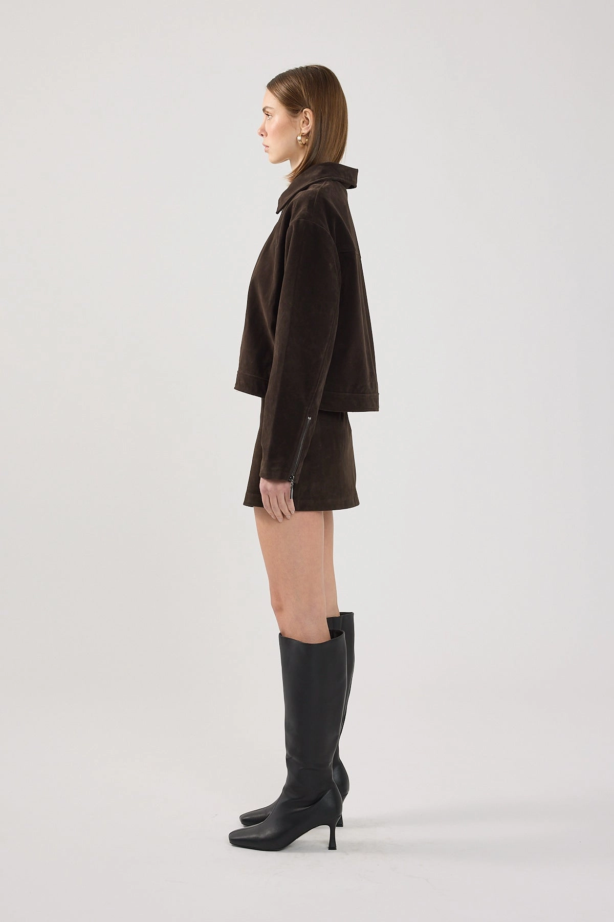 Perfect Stranger Kandice PU Suede Zip Up Jacket Brown Ultra Soft Brushed Interior
