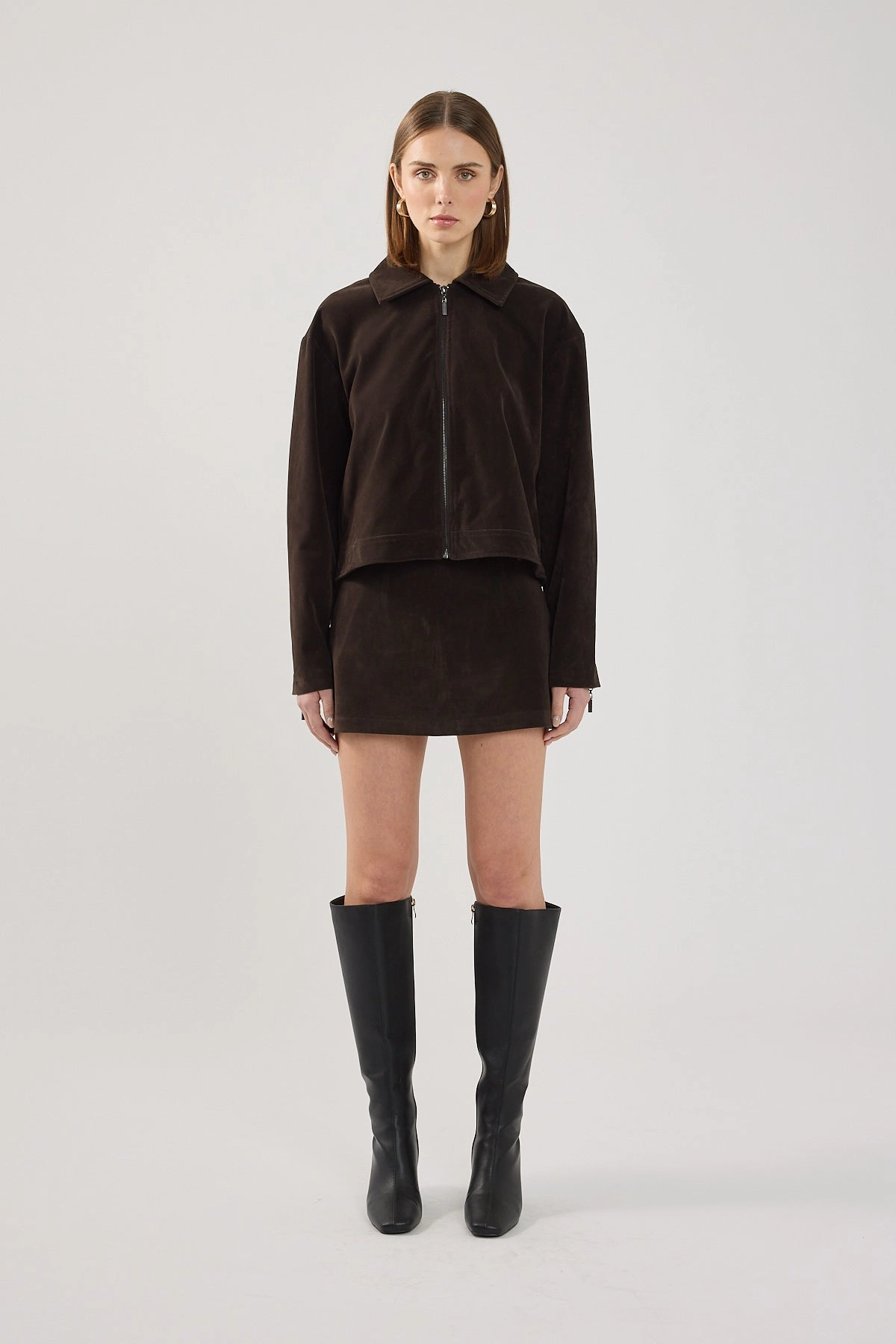 Warmth Retention Perfect Stranger Kandice PU Suede Zip Up Jacket Brown