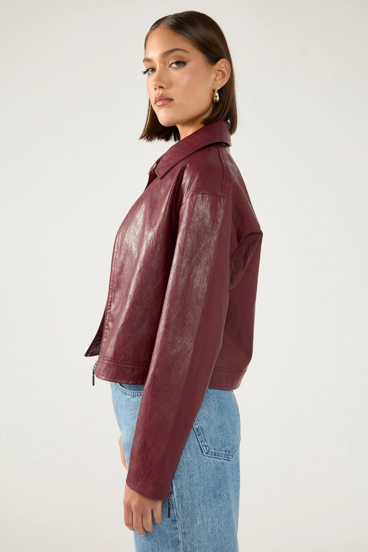 Perfect Stranger Kandice PU Zip Up Jacket Burgundy Taped Seam Construction