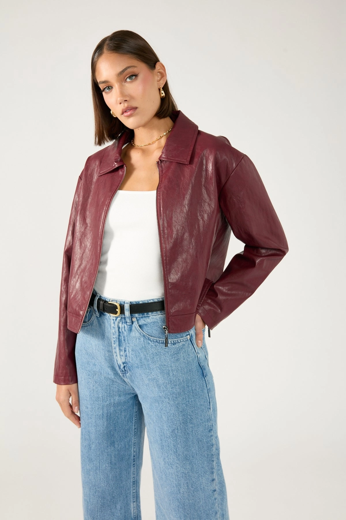 Perfect Stranger Kandice PU Zip Up Jacket Burgundy Flexible Fit