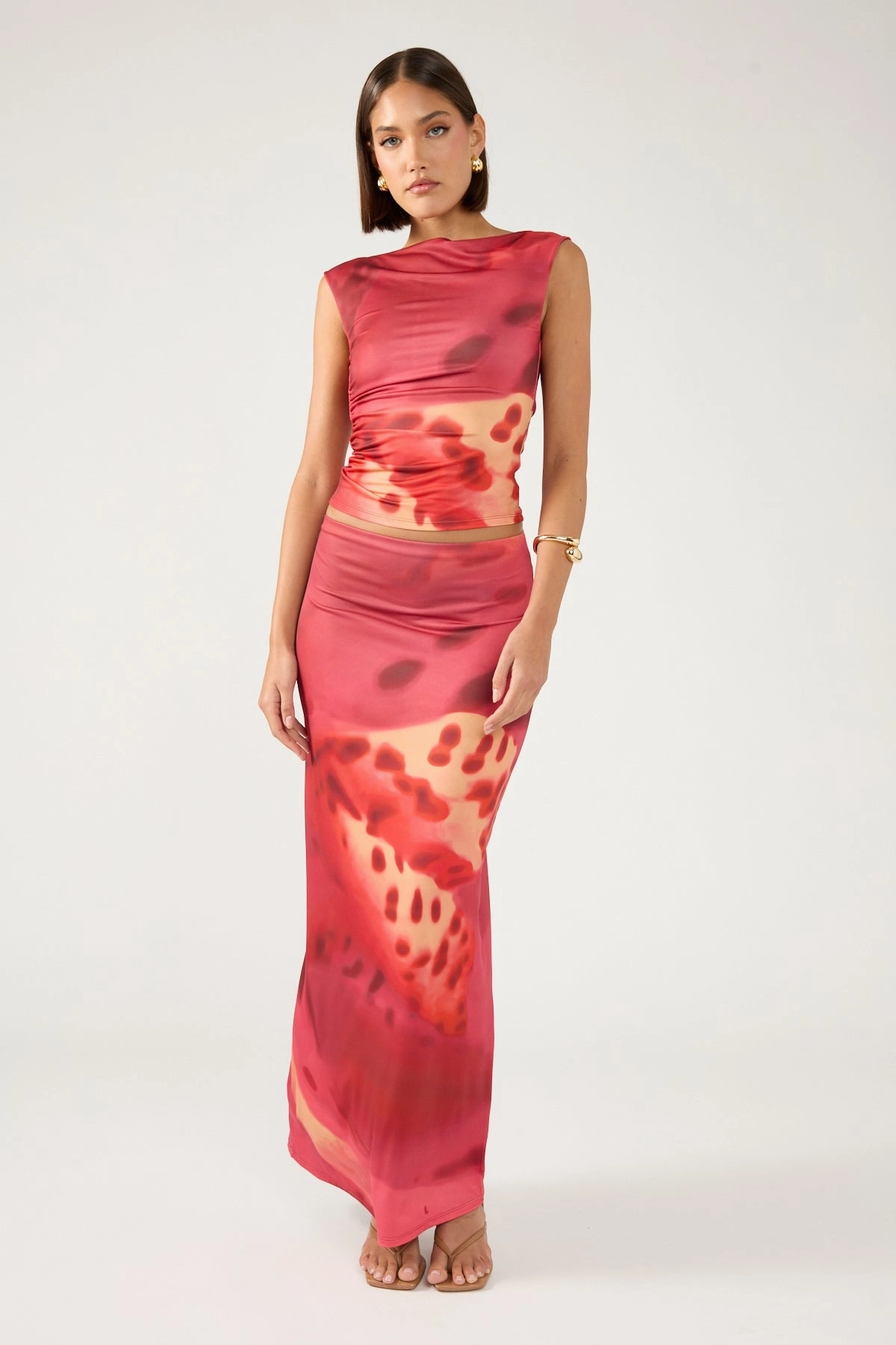 Pure Vibes Perfect Stranger Leilani Maxi Skirt Burgundy Print