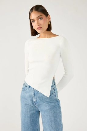 Perfect Stranger Long Sleeve Asym Rib Knit Top White Studio Arid zone
