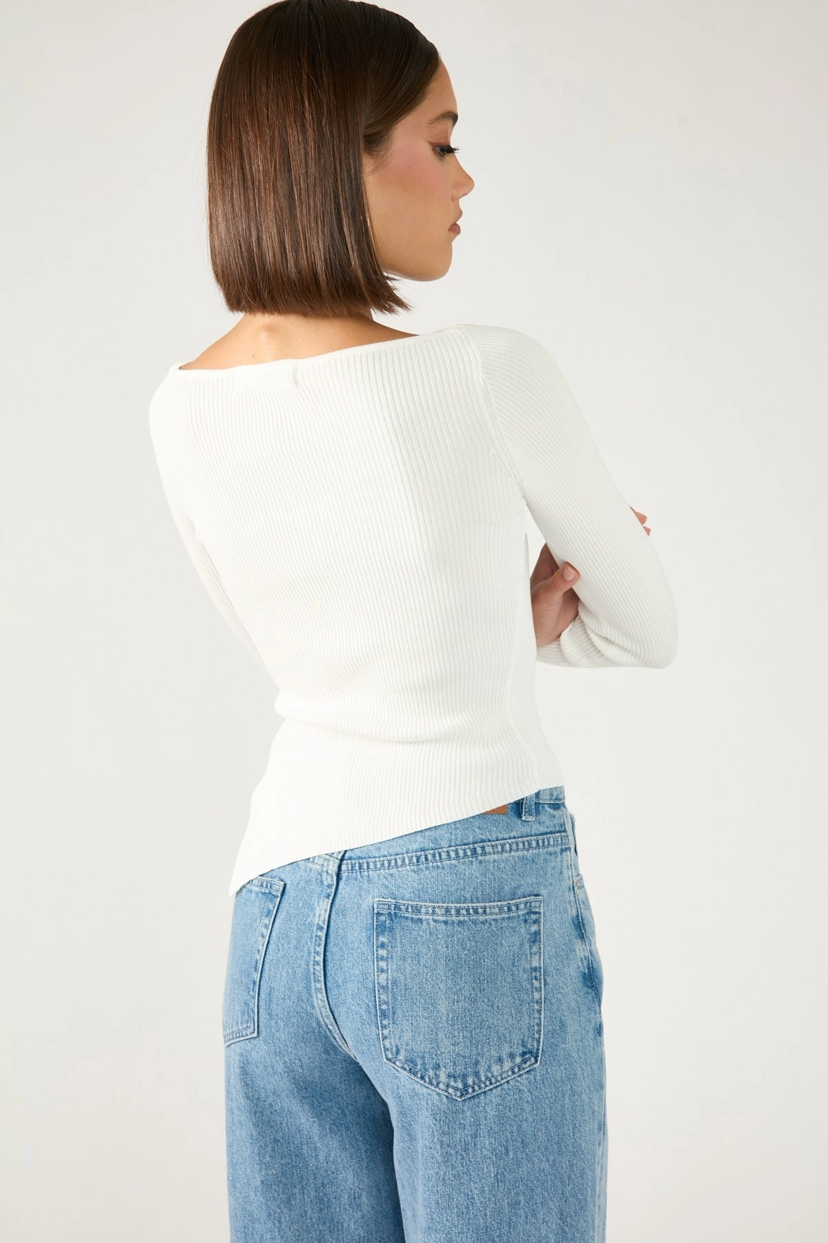 Perfect Stranger Long Sleeve Asym Rib Knit Top White Hooded