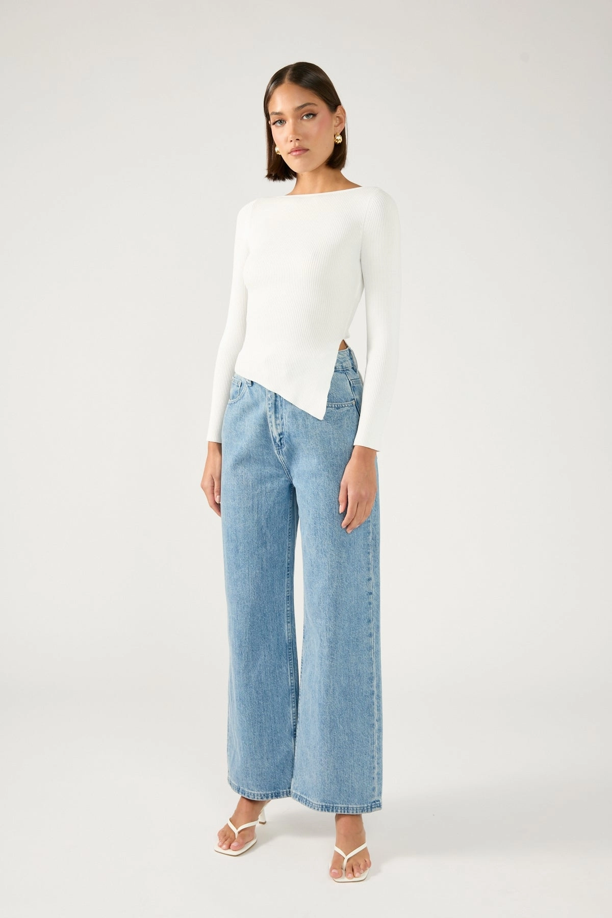concert Perfect Stranger Long Sleeve Asym Rib Knit Top White
