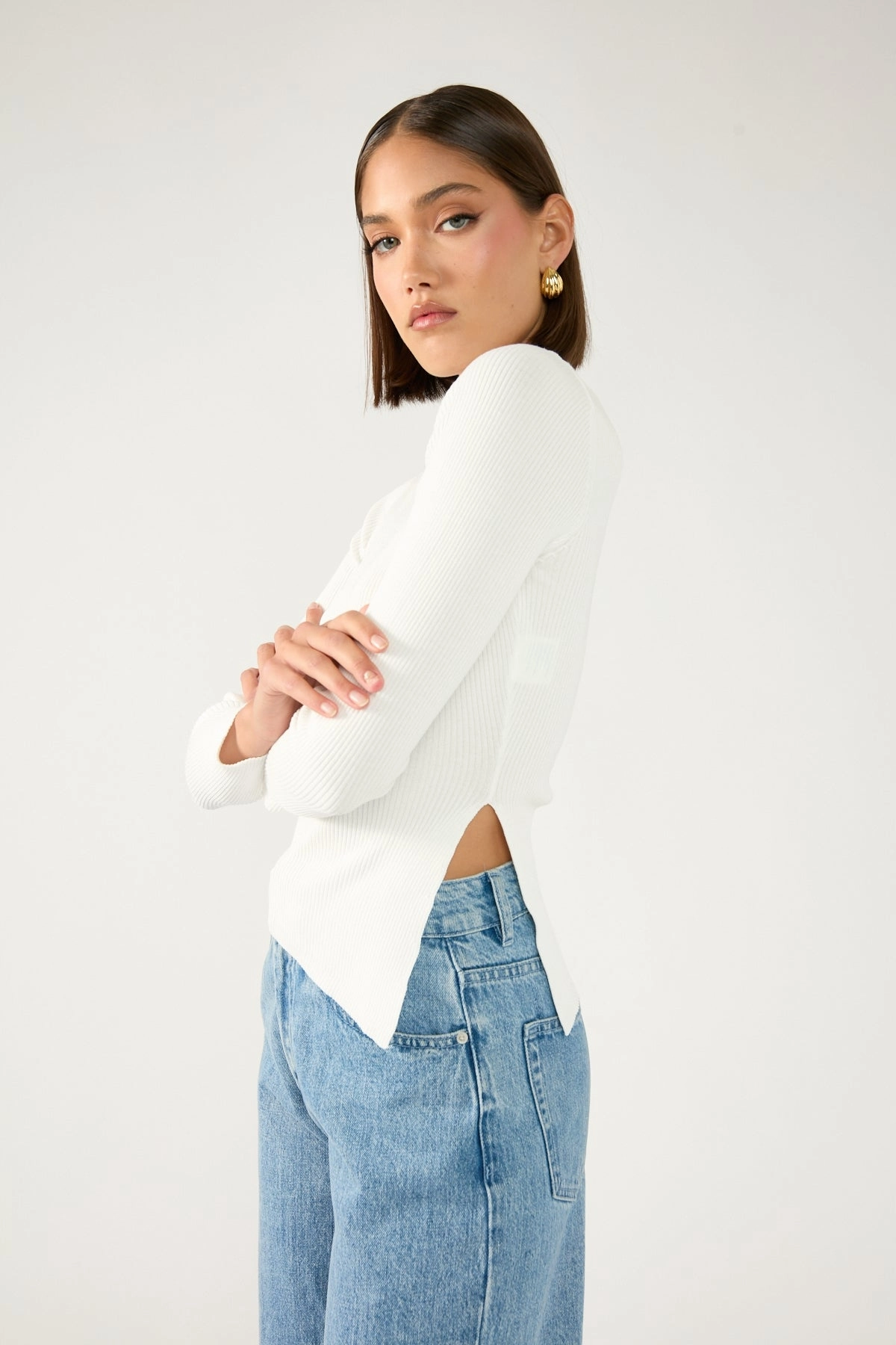 Perfect Stranger Long Sleeve Asym Rib Knit Top White Autumn Wear Airflow Mesh Ventilation