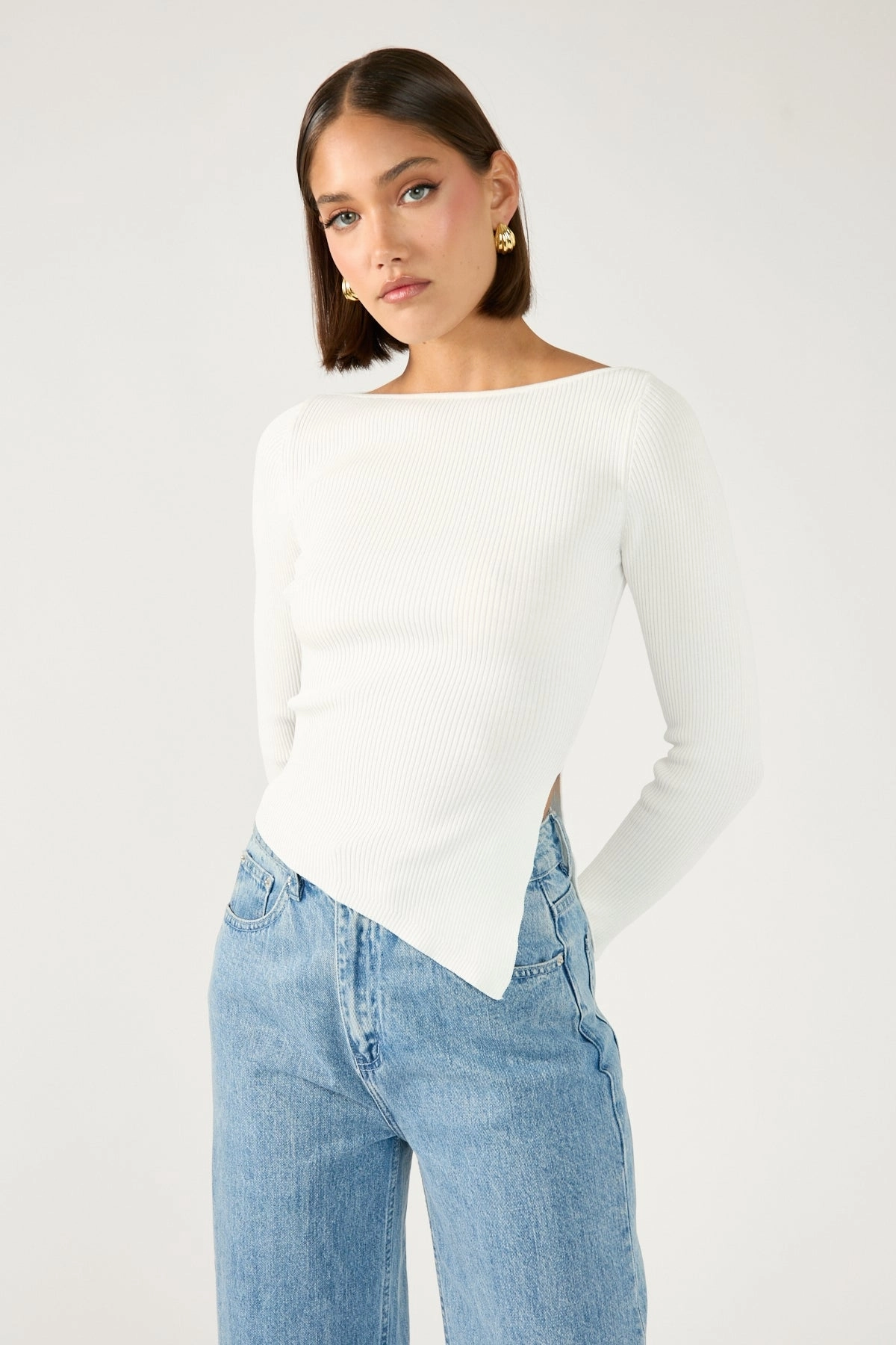 Perfect Stranger Long Sleeve Asym Rib Knit Top White Studio Arid zone
