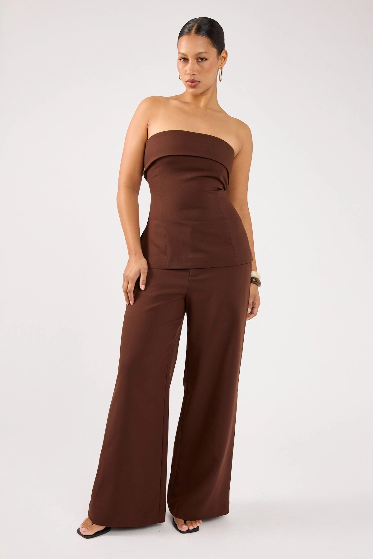 Perfect Stranger Luella Mid Rise Wide Leg Tailored Pant Brown Comfy Essentials Wear Flexible Performance