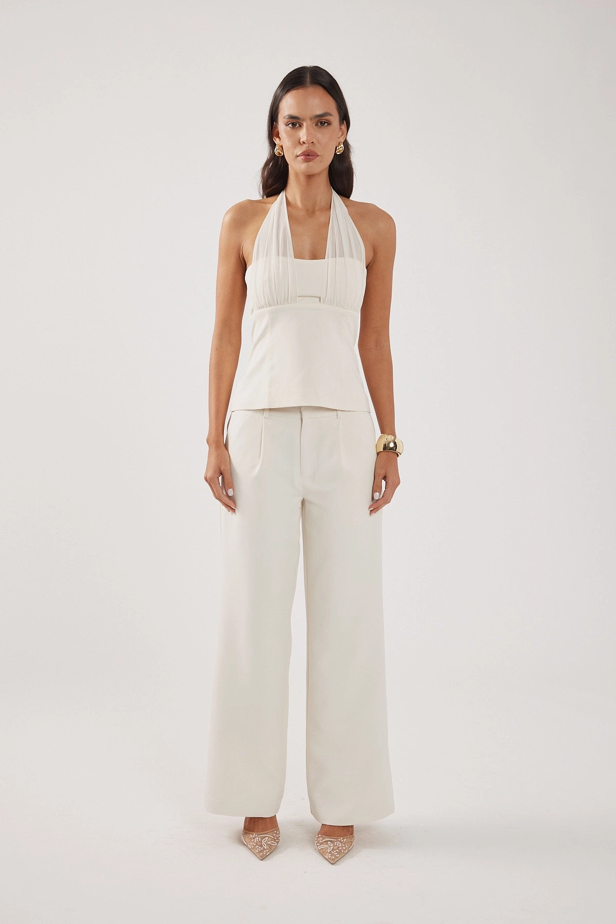 Perfect Stranger Lupa Mid Rise Pleated Tailored Pant Cream SlimFit Sporty Design