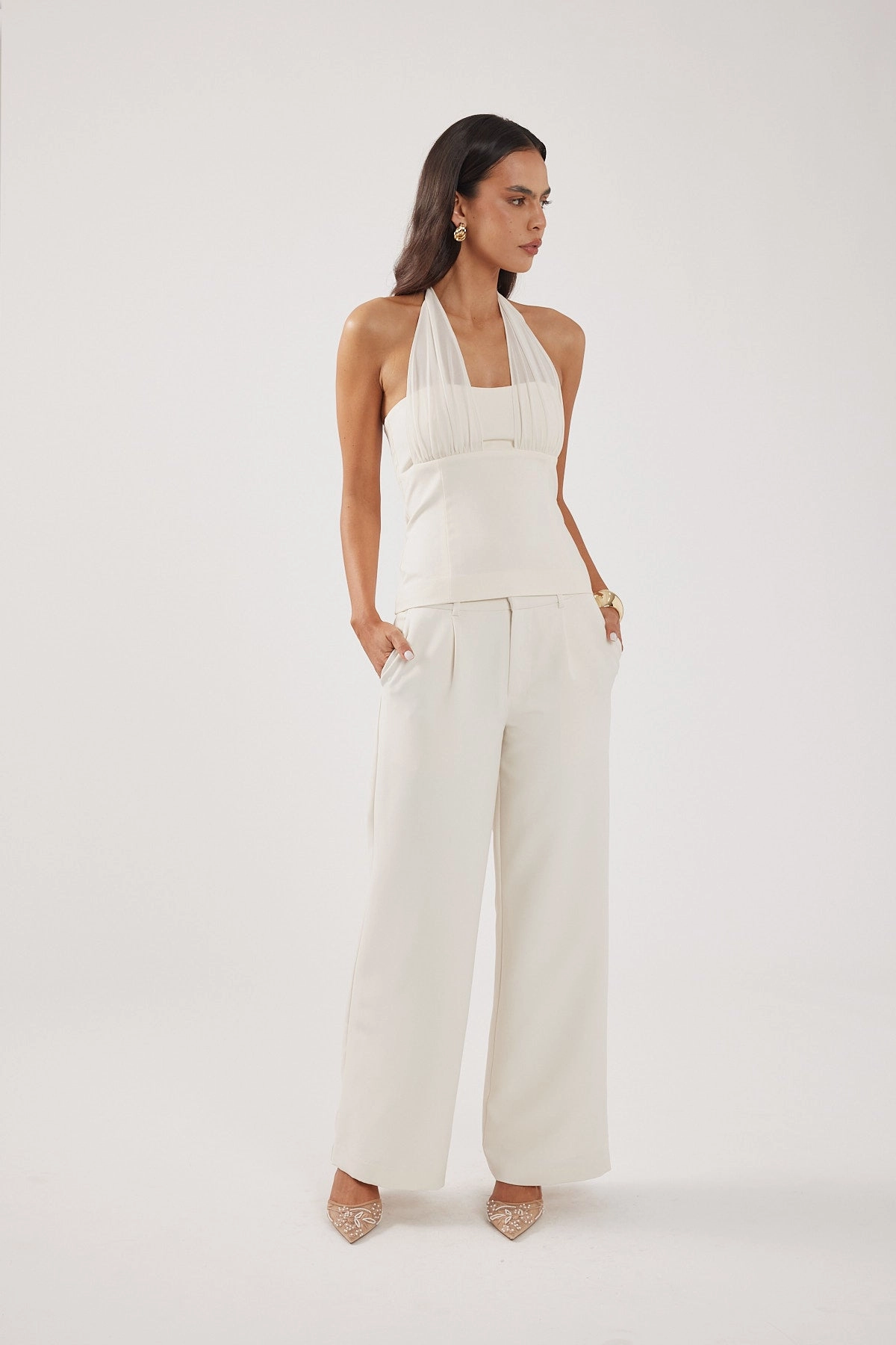 Perfect Stranger Lupa Mid Rise Pleated Tailored Pant Cream Soft Performance Neutral Fit