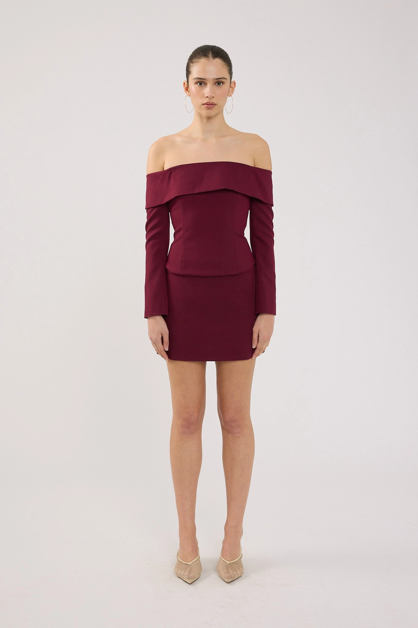 Perfect Stranger Lupa Off Shoulder Long Sleeve Top Burgundy Denim