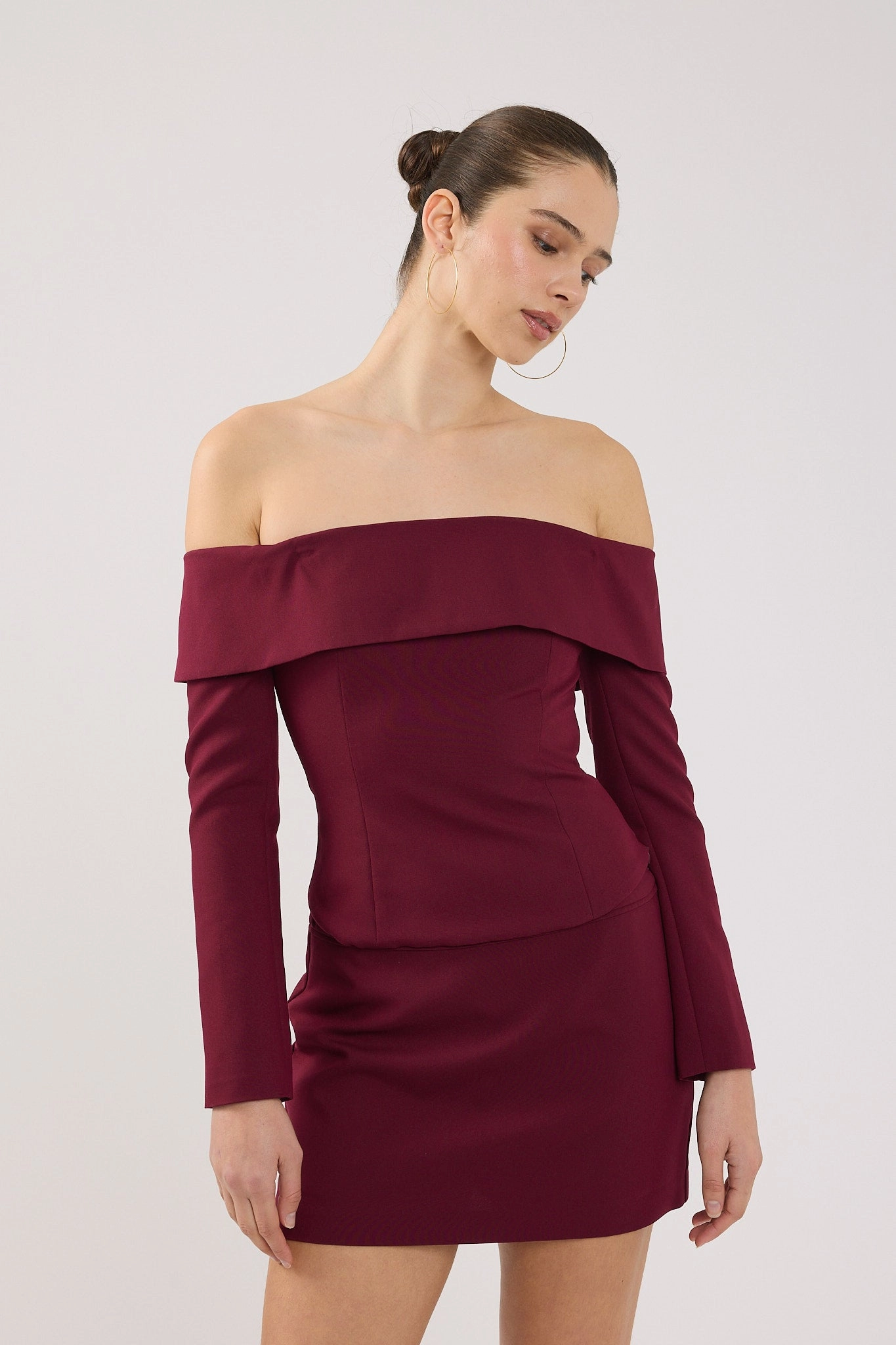 Perfect Stranger Lupa Off Shoulder Long Sleeve Top Burgundy Coastal area Versatile Layering Fit
