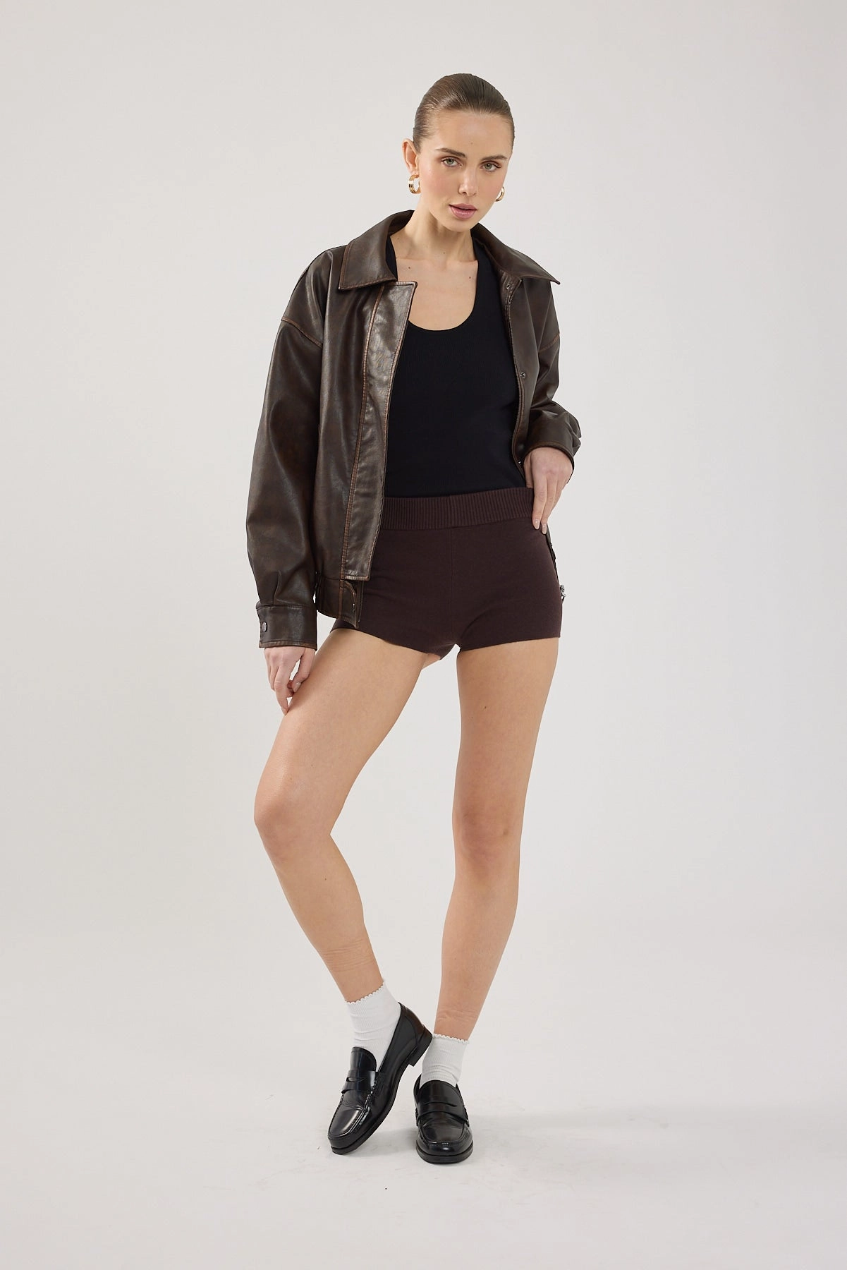 Recycled Elastic Trim Floral Print Perfect Stranger Marco Mini Knit  Short Brown