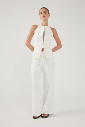 Tapered leg Stretchy Material Perfect Stranger Maui Tie Front Low Rise Linen Pant White