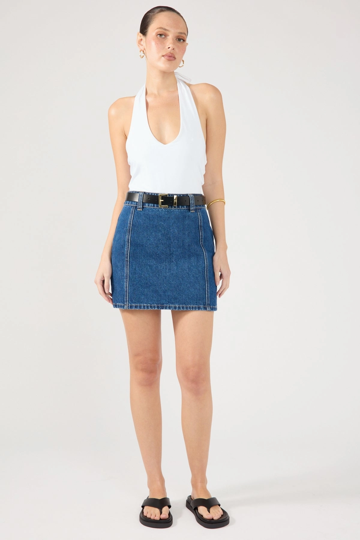 Silk Touch Push Button Closure Perfect Stranger Mika Denim Mini Skirt Mid Blue Denim