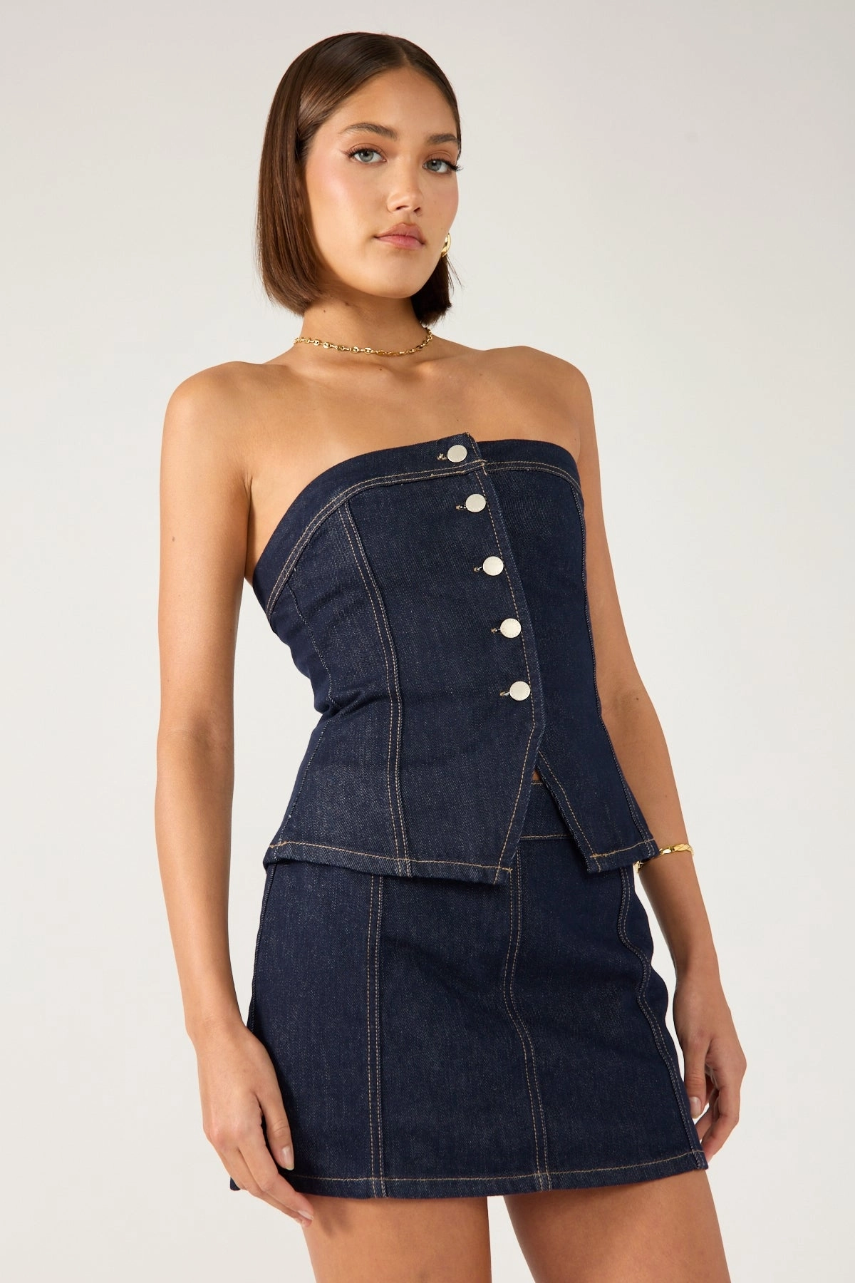 Perfect Stranger Mila Denim Mid Rise Skort Dark Blue Denim Iconic Style Fold Over Design