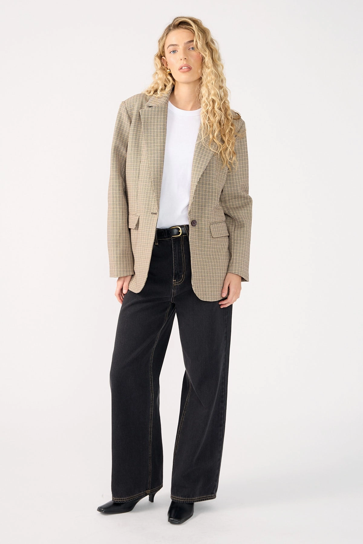 Perfect Stranger Mirella Long Line Blazer Brown Check Erasable Stains Treatment Compact Packable Feature