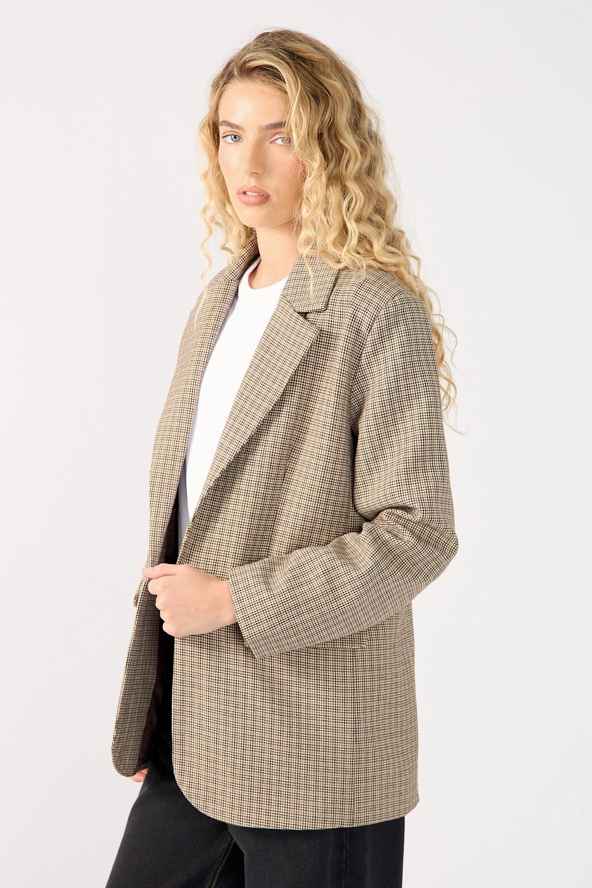 Perfect Stranger Mirella Long Line Blazer Brown Check Fashion Event Layered Collar Design