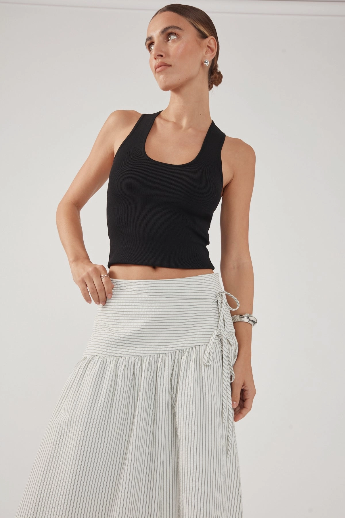 Breezy Outfit Perfect Stranger Mysti Wrap Midi Skirt White and Black Stripe