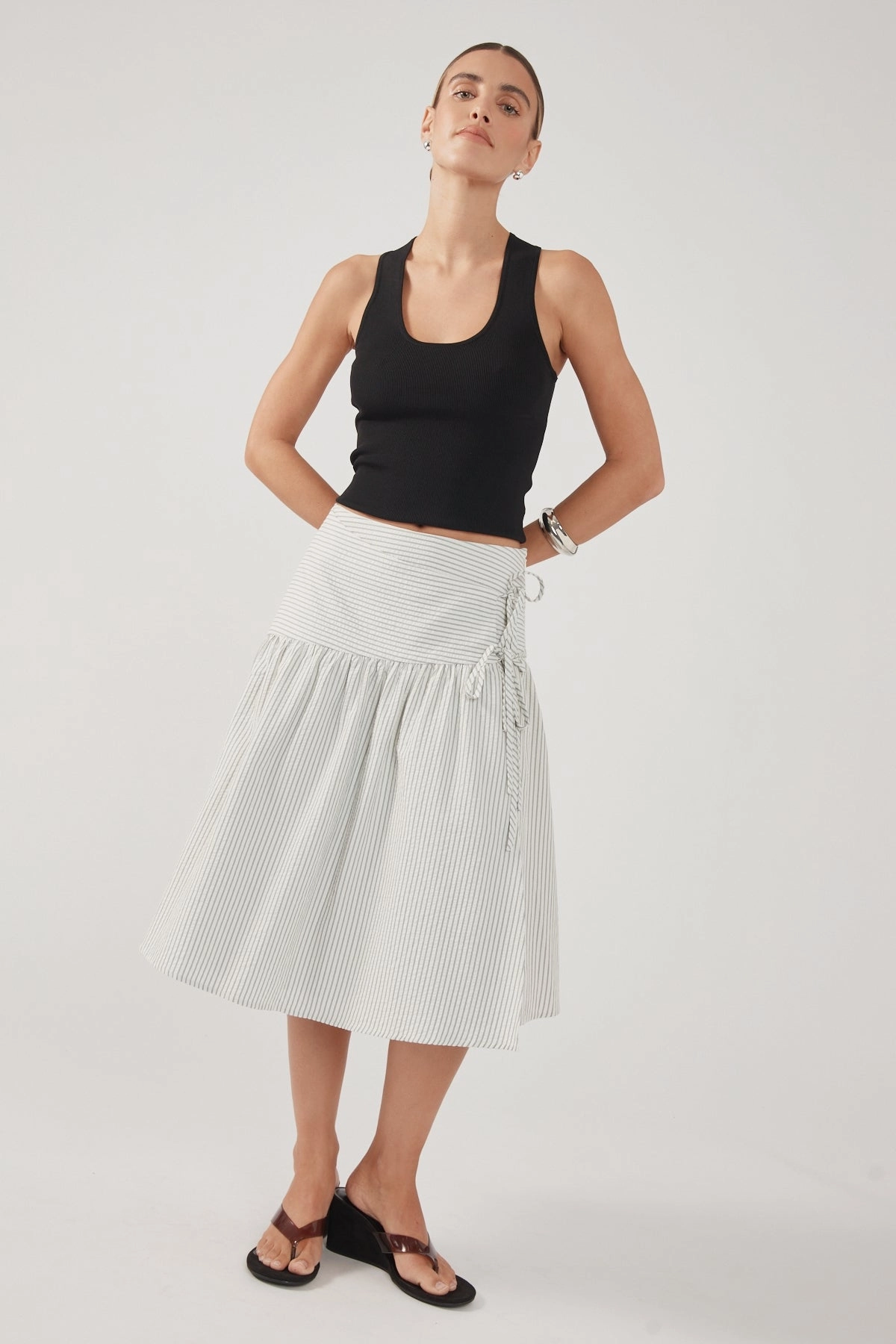Mini length Creative Look Perfect Stranger Mysti Wrap Midi Skirt White and Black Stripe
