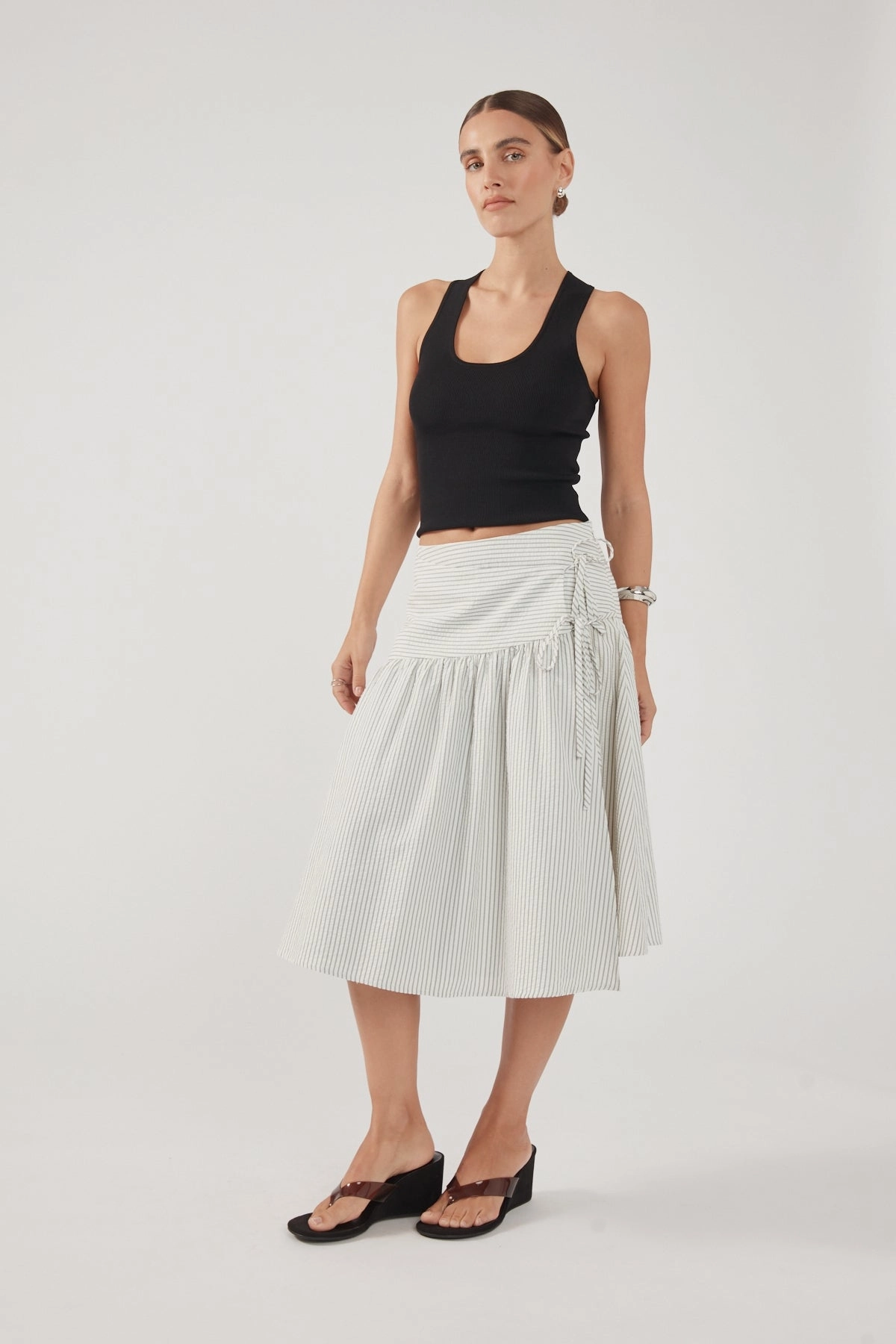 quick dry Perfect Stranger Mysti Wrap Midi Skirt White and Black Stripe