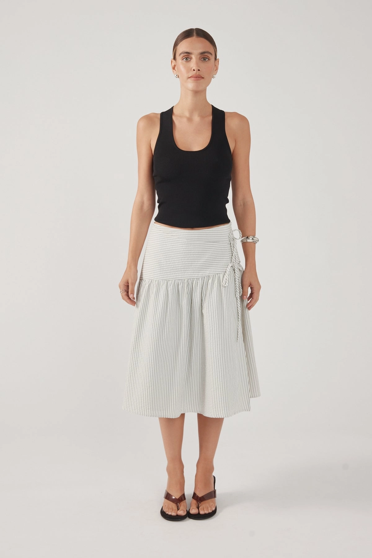 Craftsmanship Focus Visual Outfit Perfect Stranger Mysti Wrap Midi Skirt White and Black Stripe
