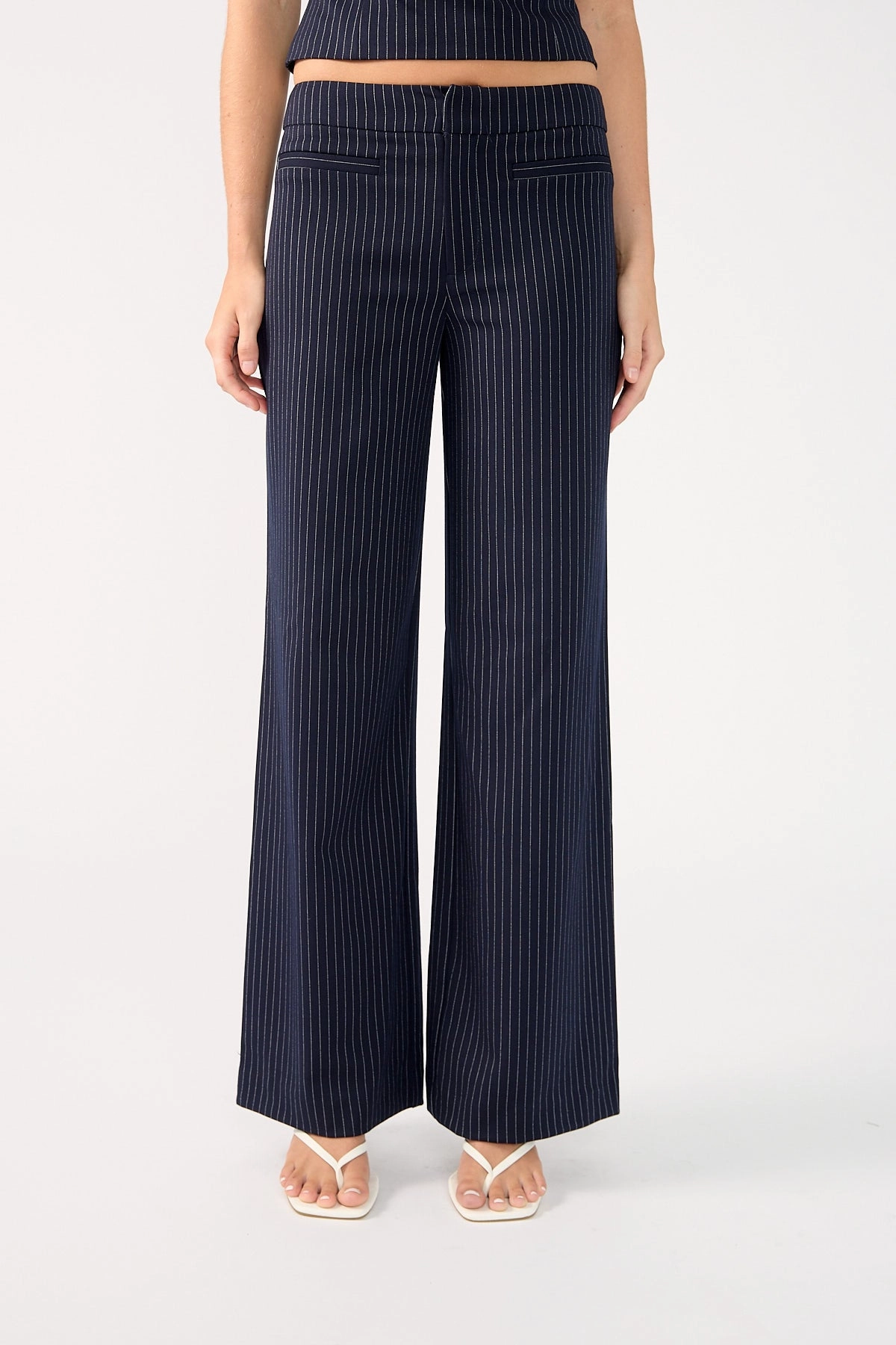 Office Wear Perfect Stranger Odessa Pinstripe Mid Rise Tailored Pant Navy Pinstripe