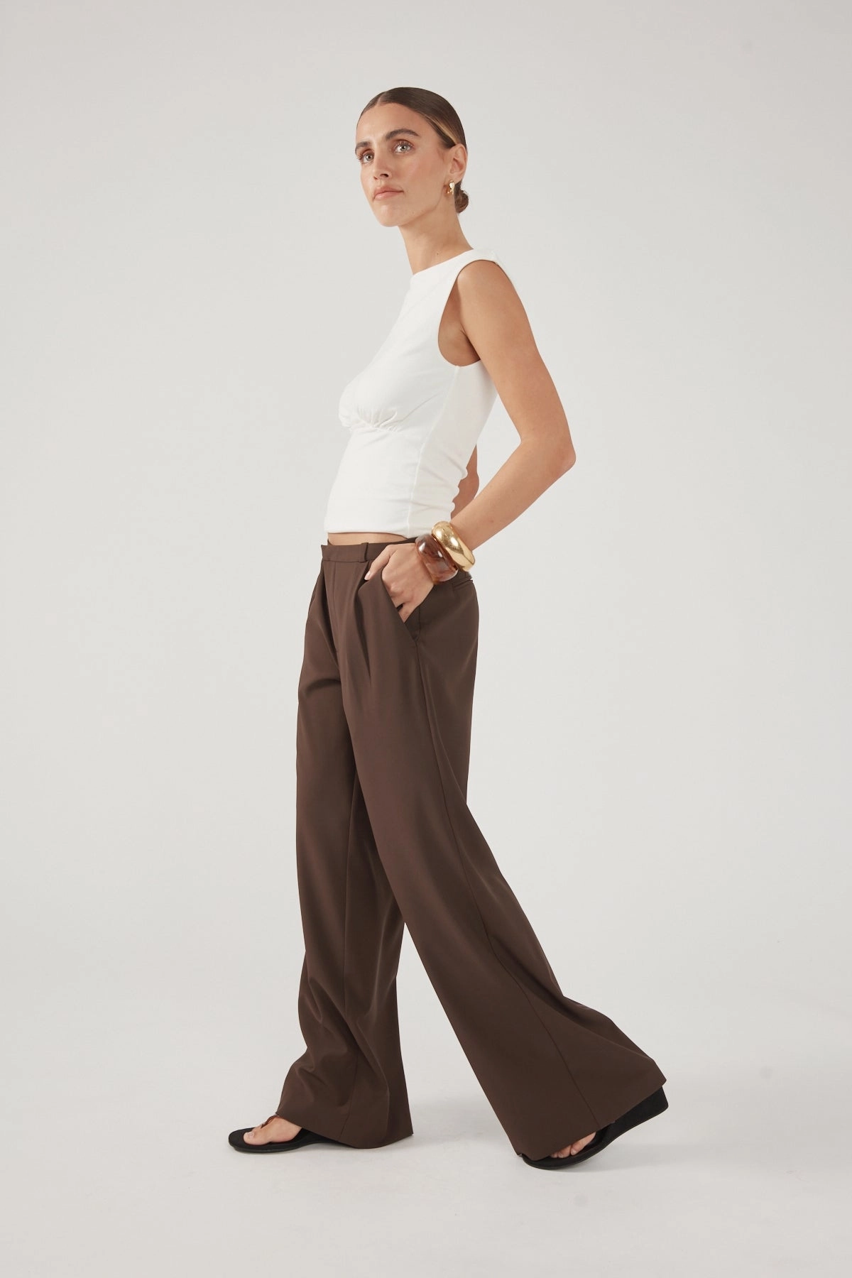 Perfect Stranger Rae Low Rise Pleated Tailored Pant Brown Everyday Style