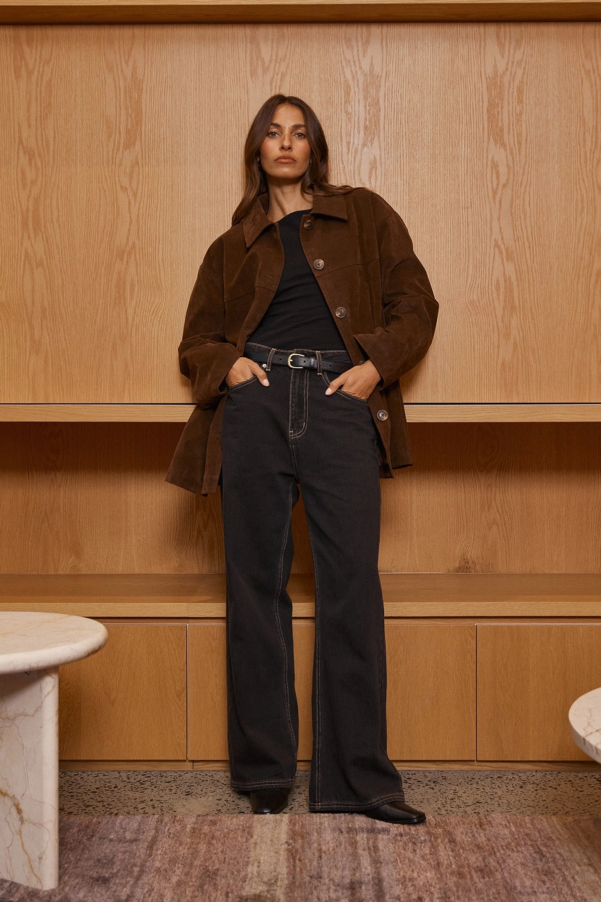 Nylon Shell Construction Perfect Stranger Raven PU Suede Long Line Jacket Brown