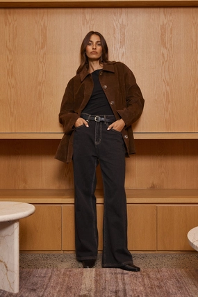 Nylon Shell Construction Perfect Stranger Raven PU Suede Long Line Jacket Brown