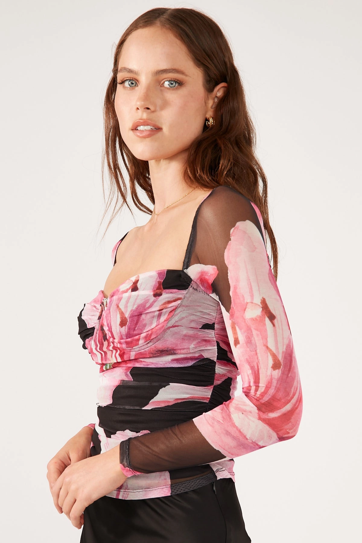boots Multicolored Perfect Stranger Stargazer Long Sleeve Mesh Top Black Print