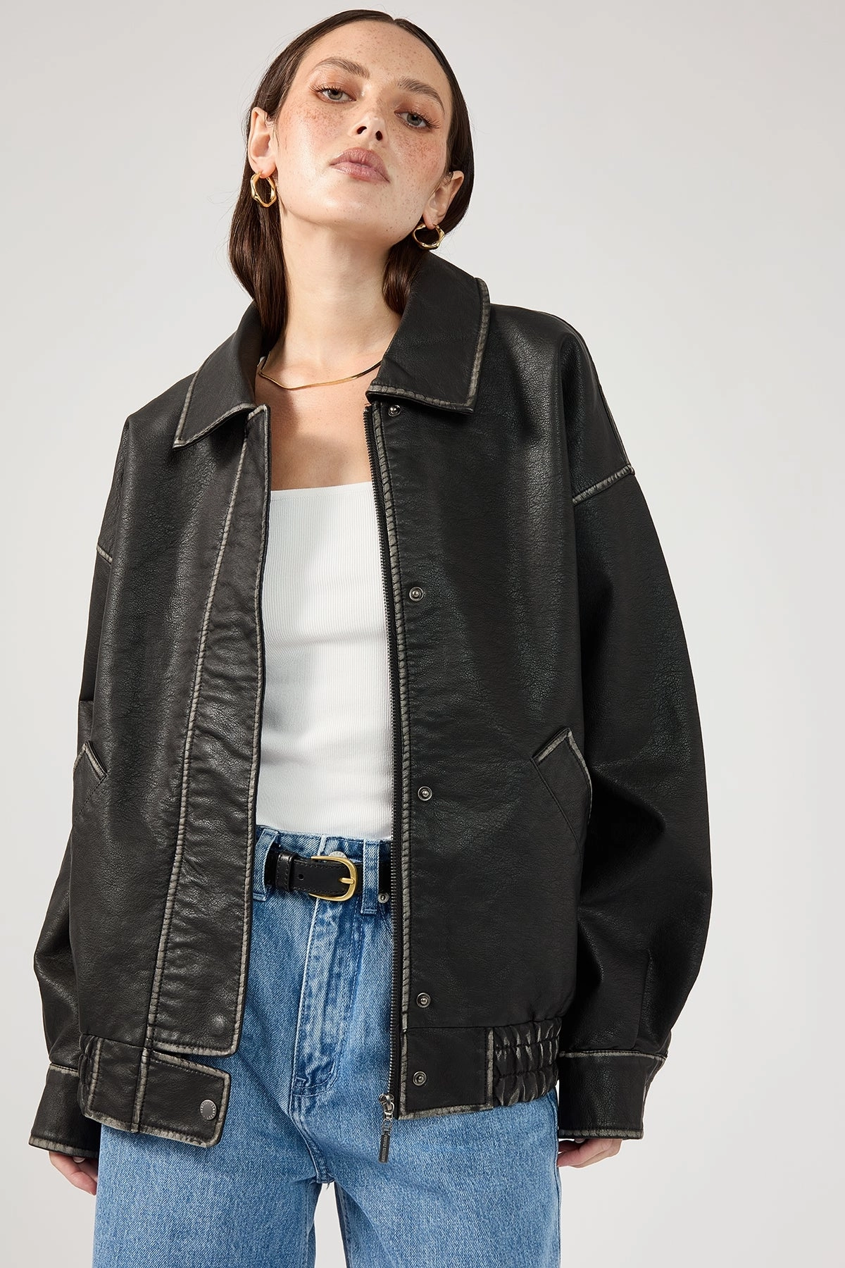 Perfect Stranger Washed Maxx PU Bomber Black Spring Layer