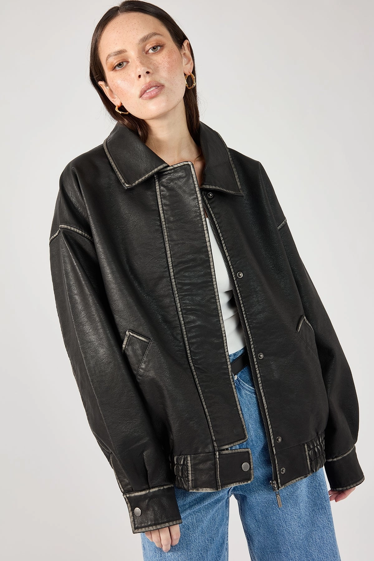 Perfect Stranger Washed Maxx PU Bomber Black Lightweight Packability Adjustable Hemline