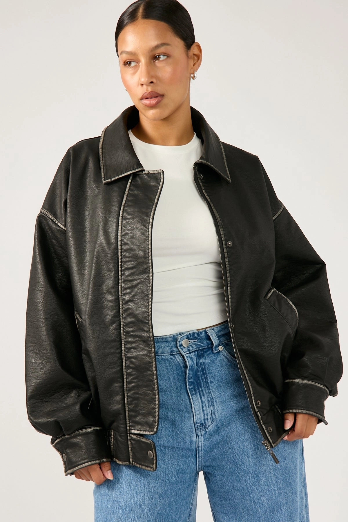 Bonded Fabric understated look Perfect Stranger Washed Maxx PU Bomber Black