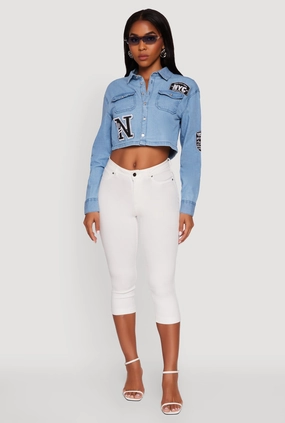 Chambray 1982 NYC Embroidered Patch Graphic Cropped Shirt Name - brand