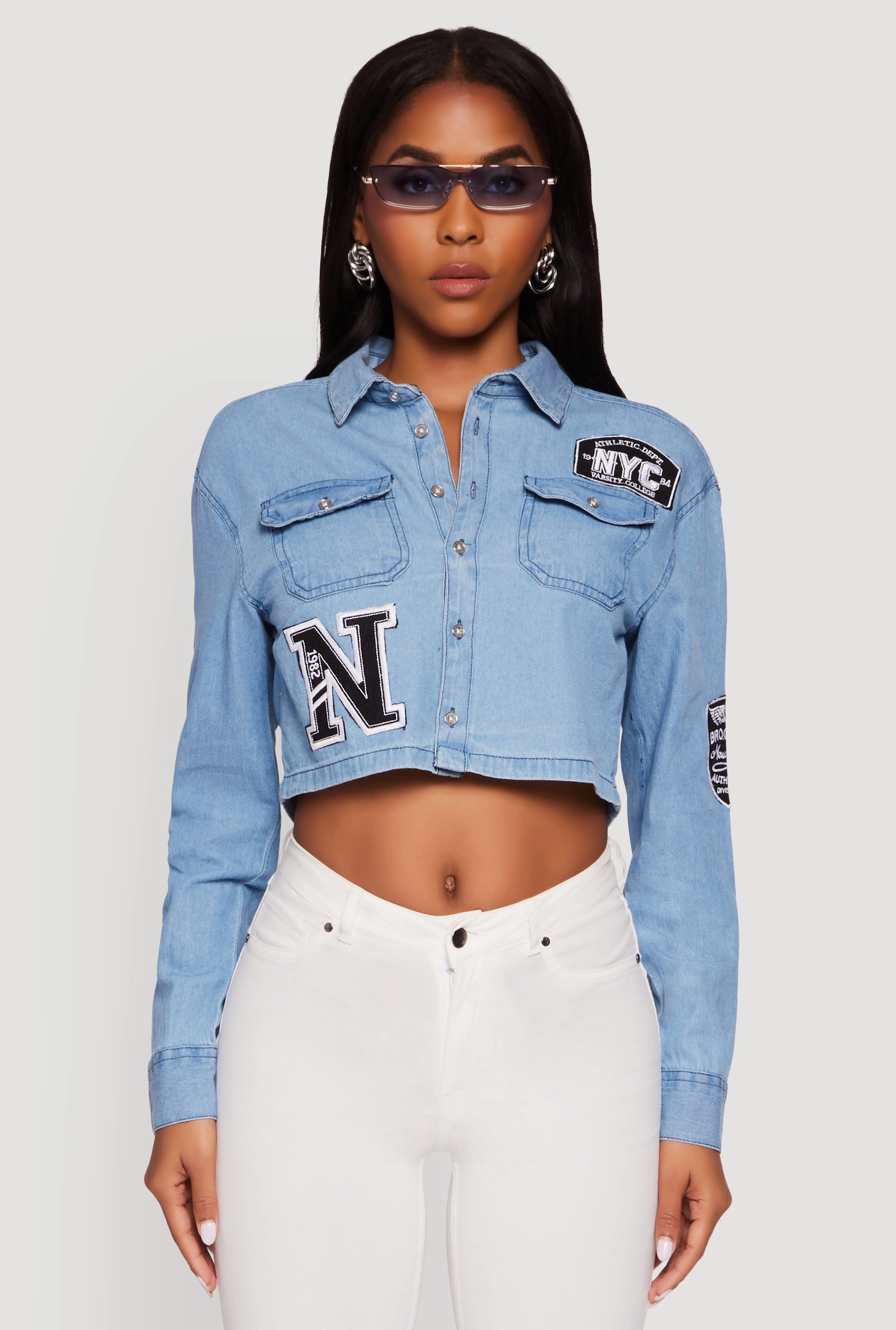 Boat Neck Chambray 1982 NYC Embroidered Patch Graphic Cropped Shirt