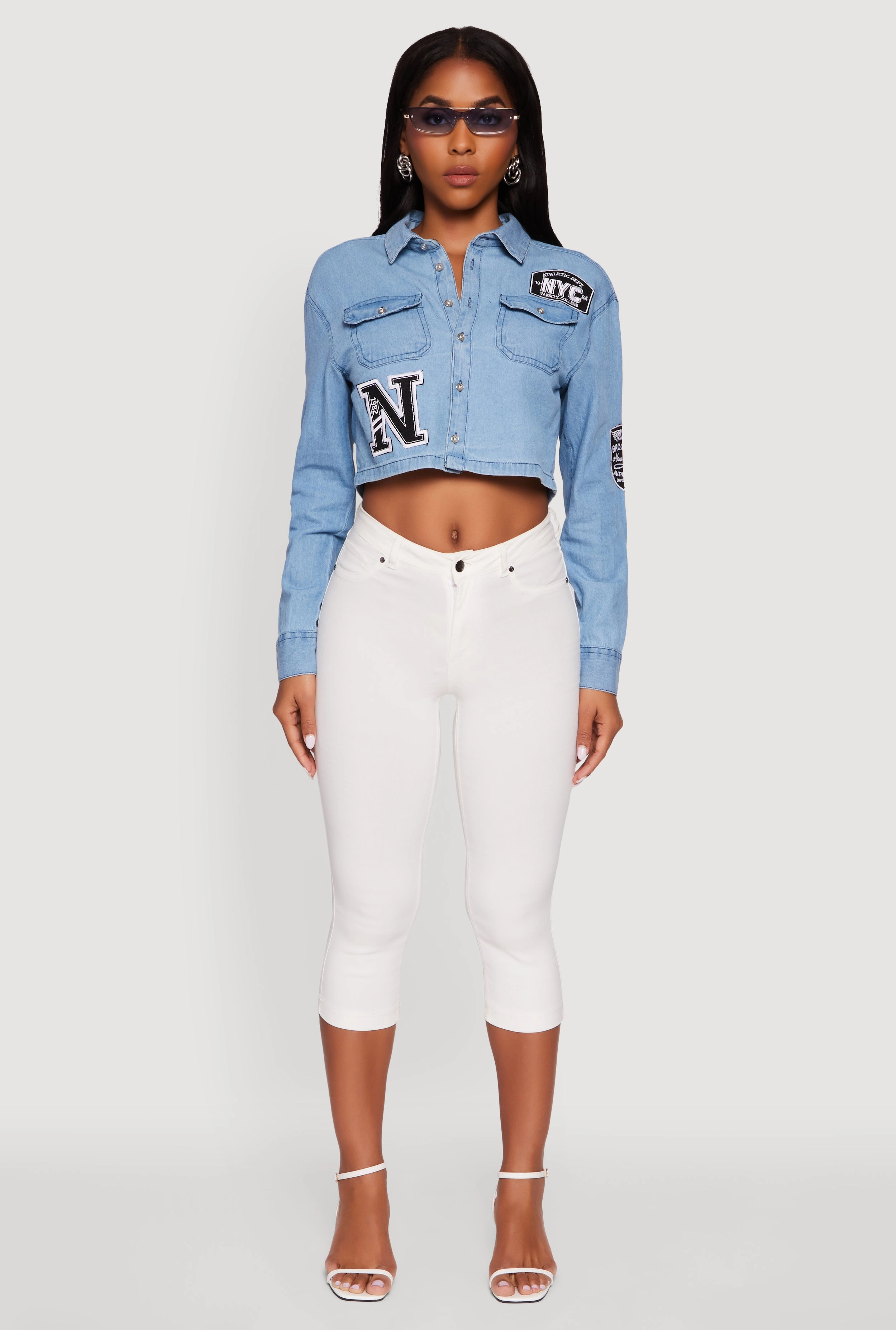 Sleep - Wear Chambray 1982 NYC Embroidered Patch Graphic Cropped Shirt
