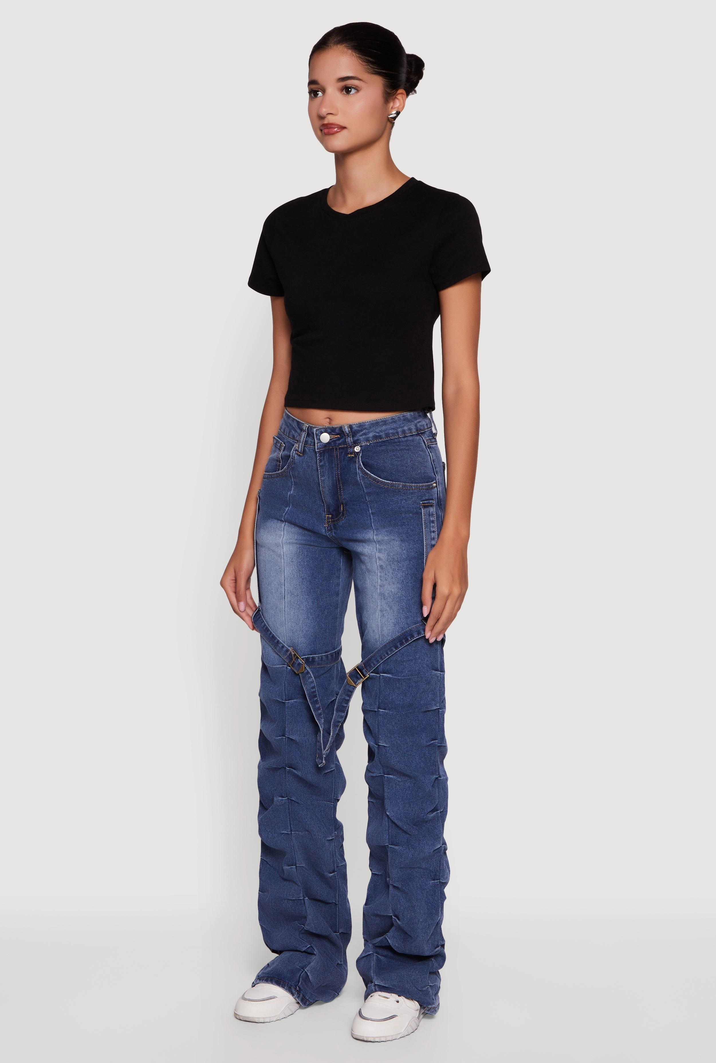 Pintuck Detail Stacked Straight Leg Jeans with Thigh Straps Sleek Comfort