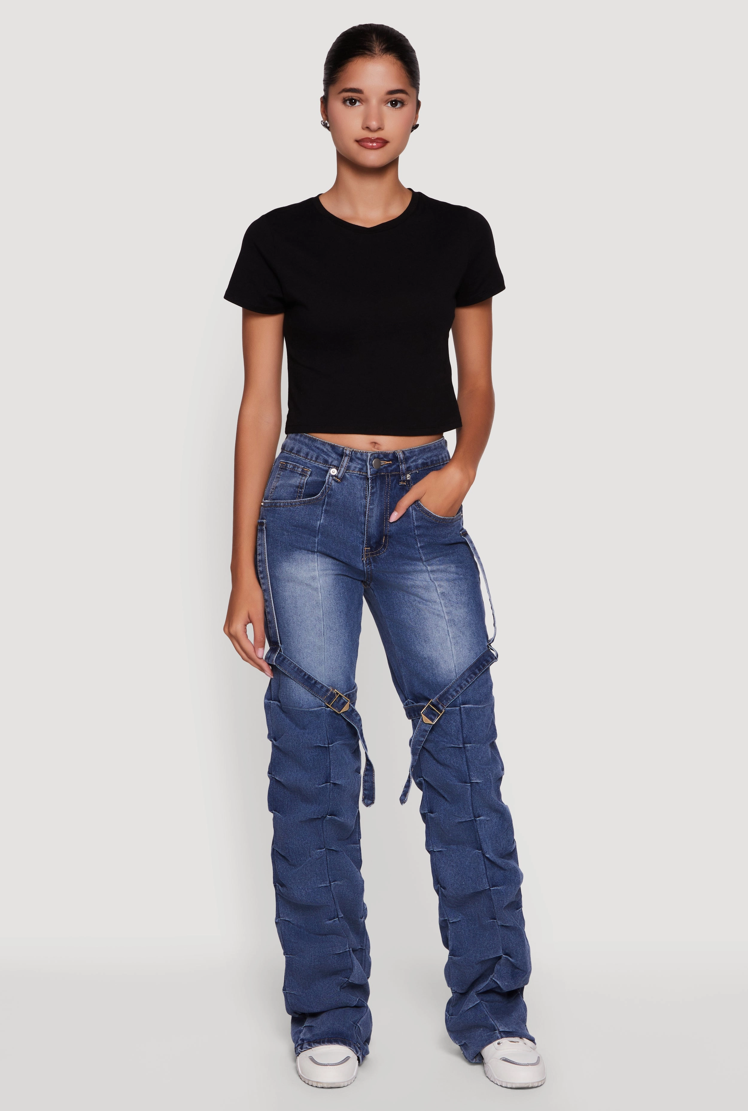 Stretch Minimalist Pintuck Detail Stacked Straight Leg Jeans with Thigh Straps