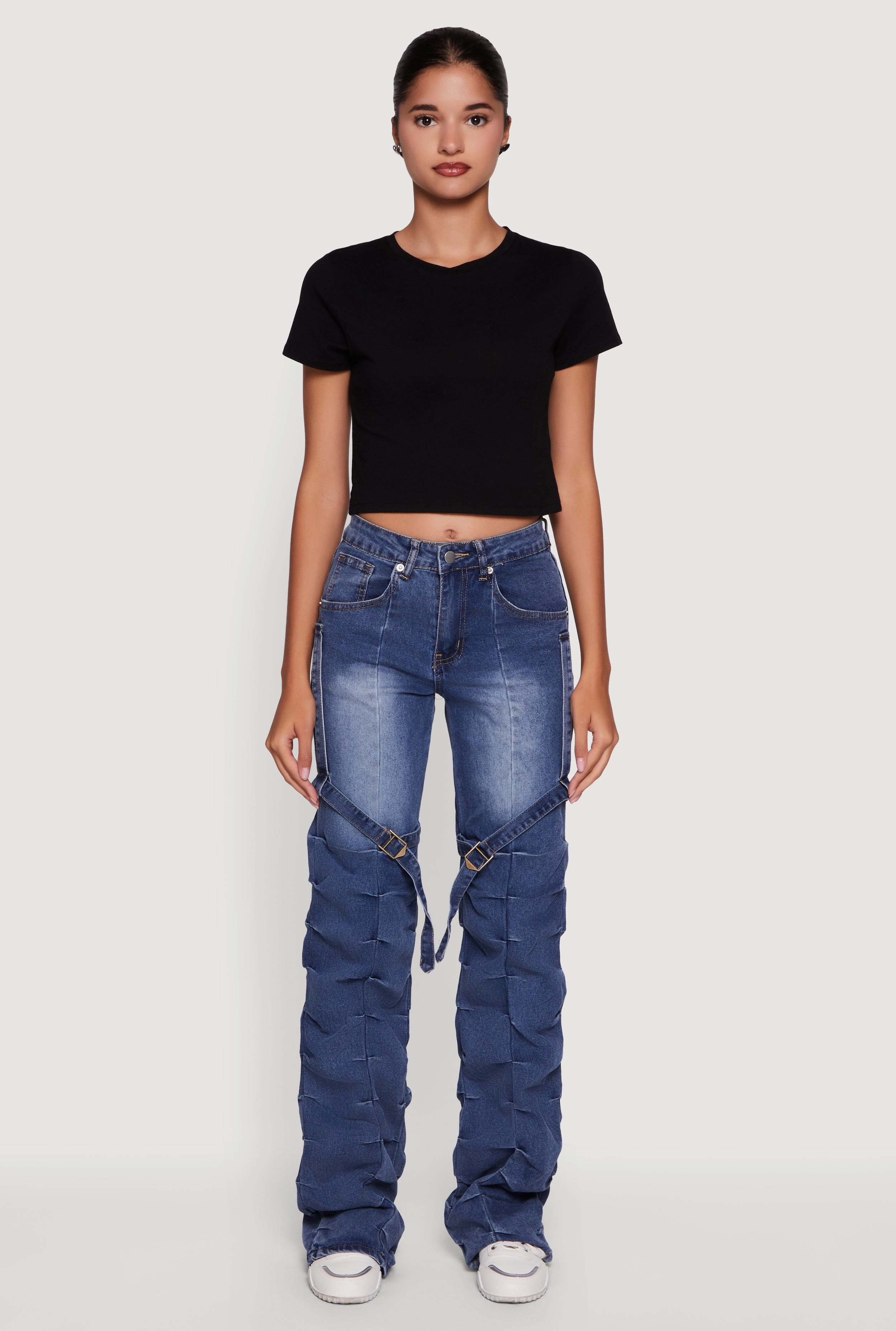 Pintuck Detail Stacked Straight Leg Jeans with Thigh Straps Base Wear