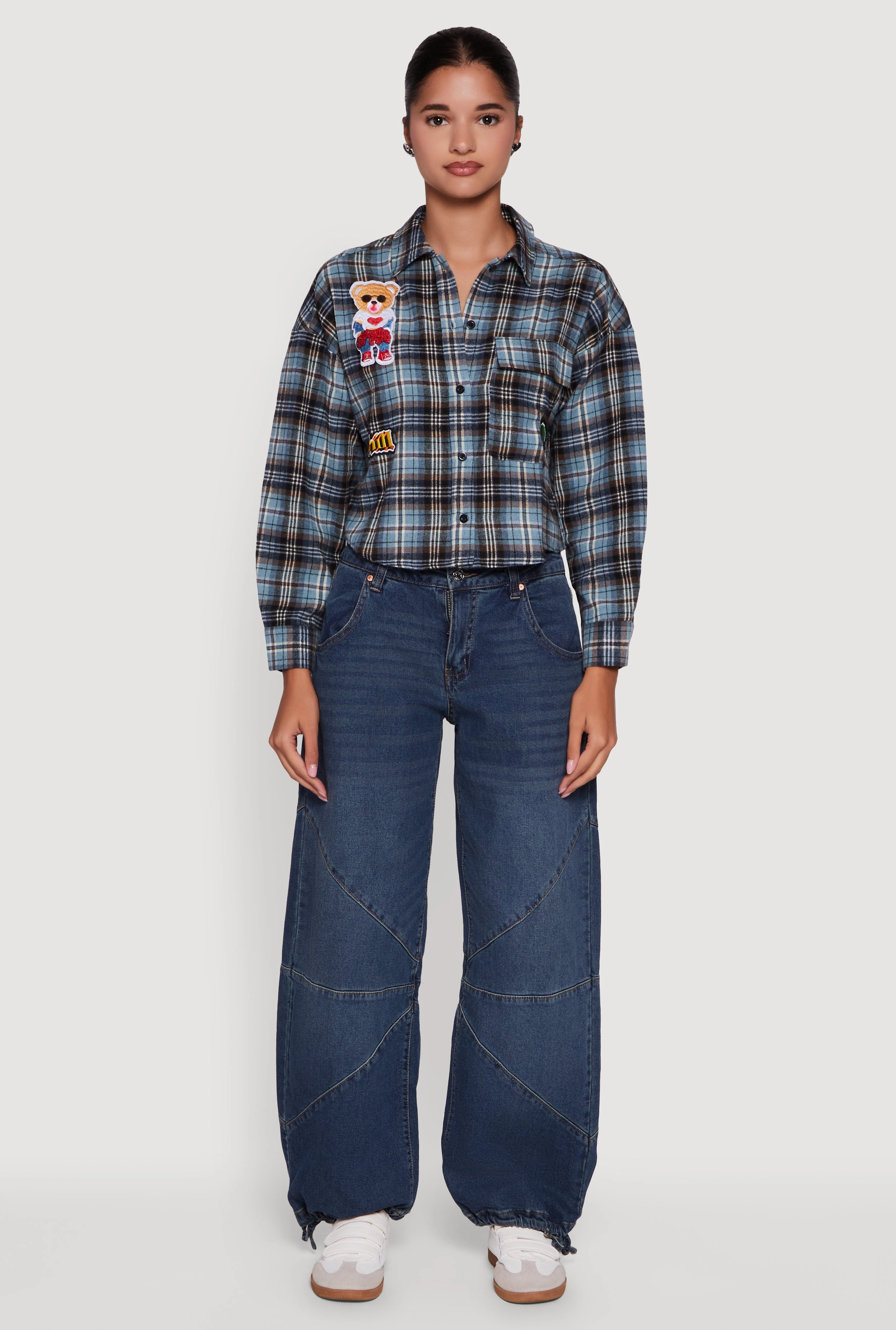 Middle - aged Plaid Flannel Patch Detail Cropped Button Front Shirt