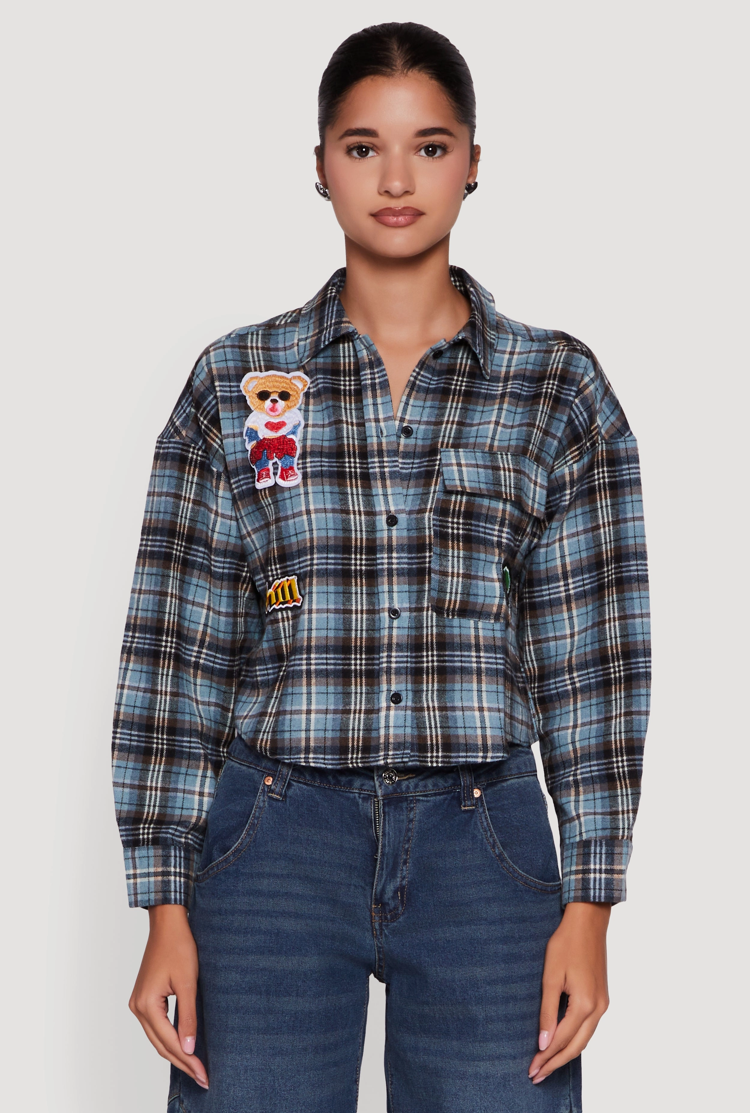 Plaid Flannel Patch Detail Cropped Button Front Shirt Quality - conscious Night - Wear