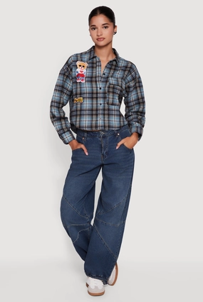 moisture - wicking Budget - friendly Plaid Flannel Patch Detail Cropped Button Front Shirt